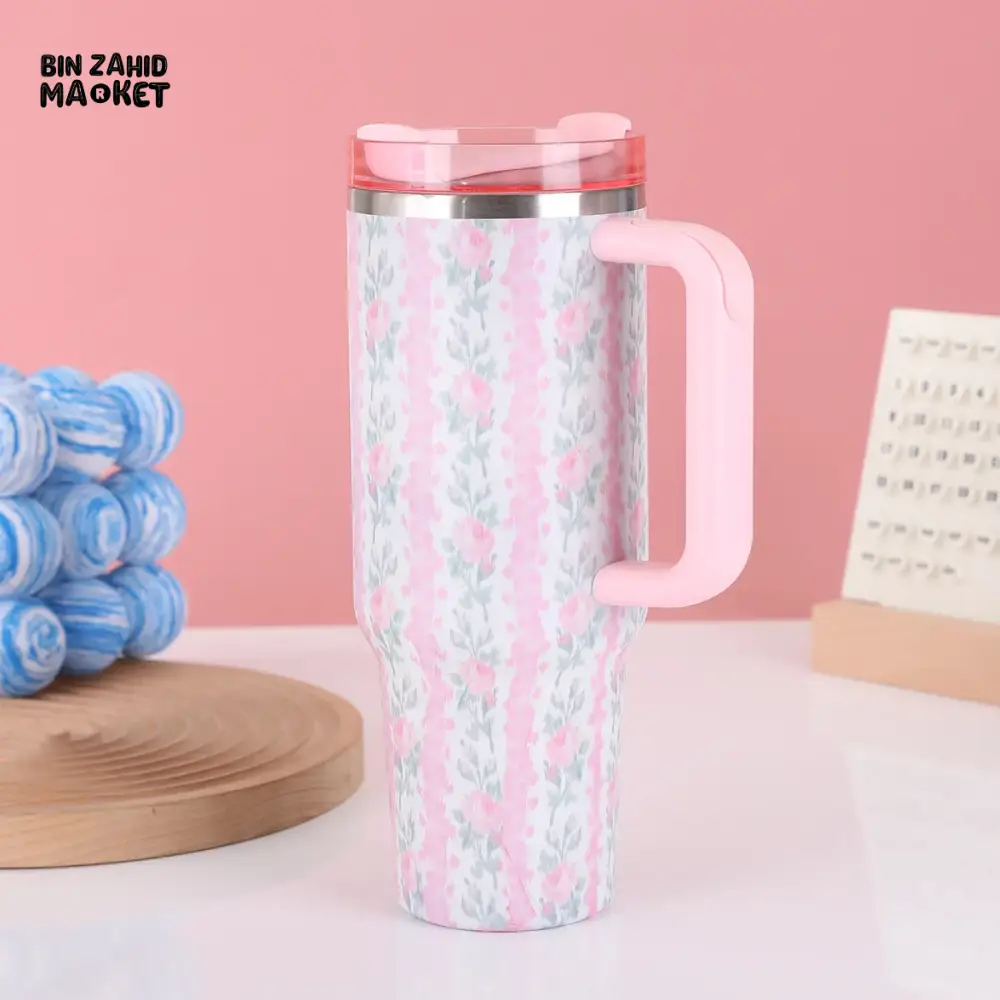 FLORAL LARGE CAPACITY TRAVEL TUMBLER 40 OZ– VACUUM INSULATED 304 STAINLESS STEEL WATER BOTTLE PORTABLE ICE KING CAR CUP FOR HOT & COLD BEVERAGES - PINK