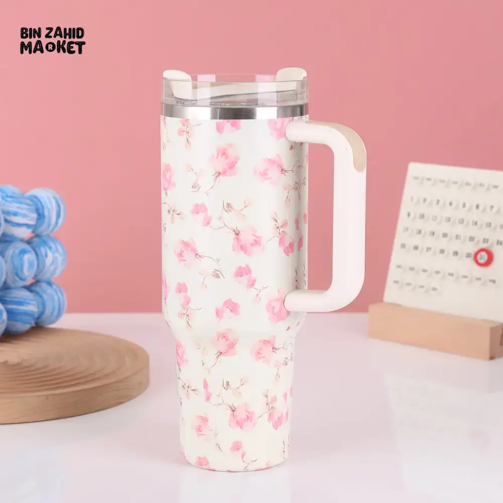 FLORAL LARGE CAPACITY TRAVEL TUMBLER 40 OZ– VACUUM INSULATED 304 STAINLESS STEEL WATER BOTTLE PORTABLE ICE KING CAR CUP FOR HOT & COLD BEVERAGES - PINK - Image 13