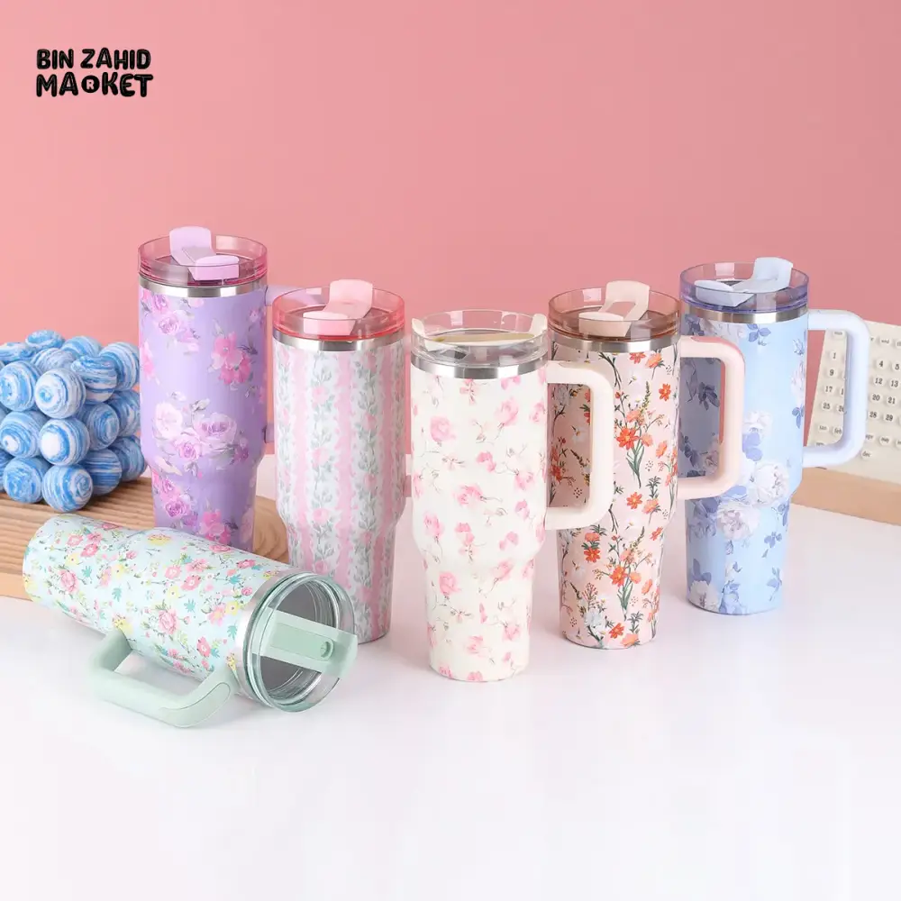 FLORAL LARGE CAPACITY TRAVEL TUMBLER 40 OZ– VACUUM INSULATED 304 STAINLESS STEEL WATER BOTTLE PORTABLE ICE KING CAR CUP FOR HOT & COLD BEVERAGES  - WHITE - Image 3