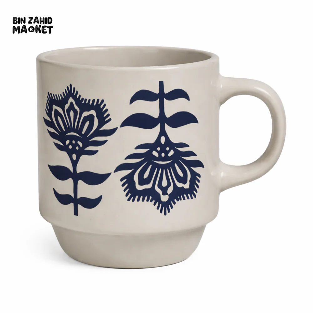 FLORAL PRINT CERAMIC COFFEE MUG 150ML– OFF-WHITE CUP WITH BLUE BOTANICAL DESIGN