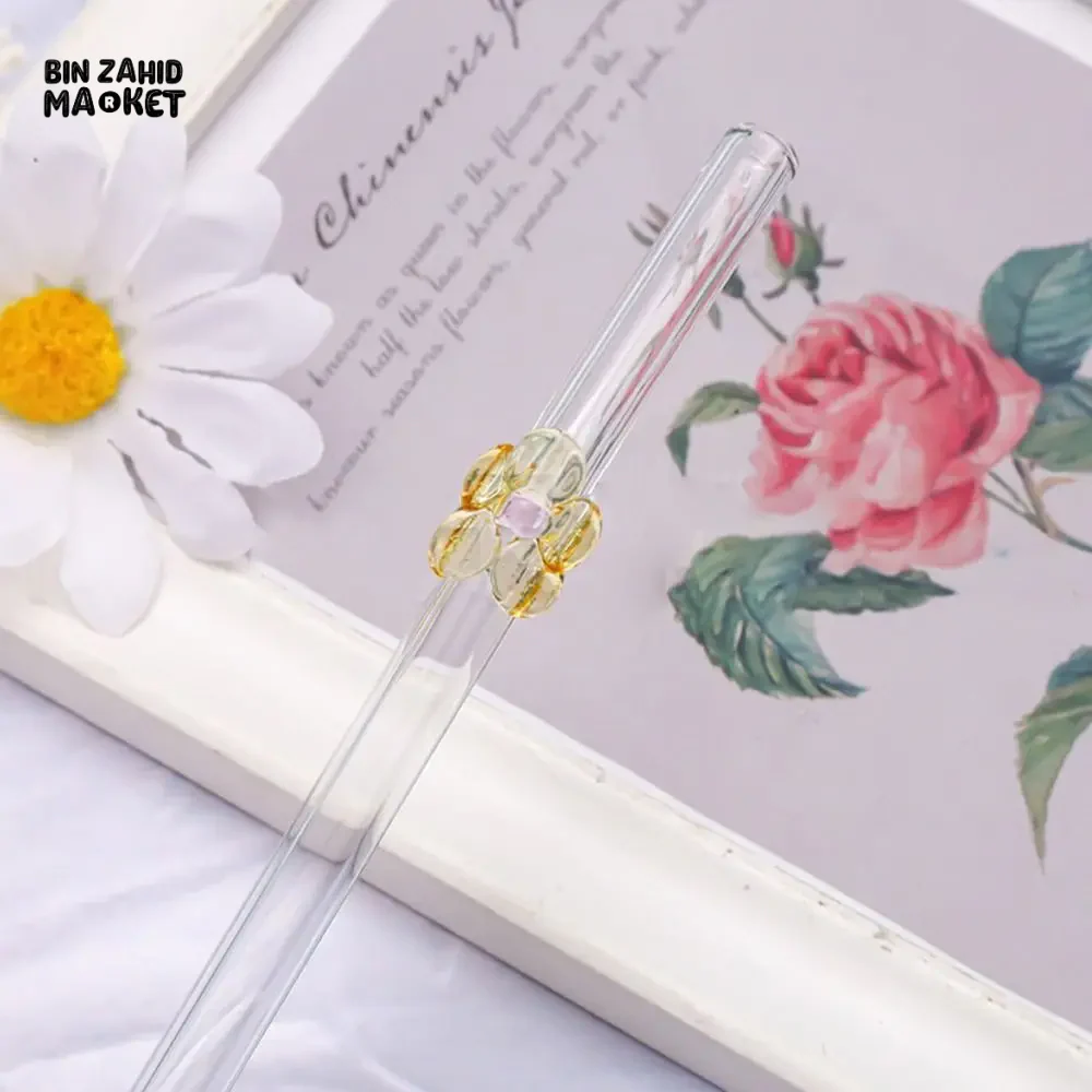 FLOWER GLASS STRAWS 4 PIECES REUSABLE TRANSPARENT STRAIGHT & BEND STRAWS FOR SMOOTHIES & COCKTAILS ECO-FRIENDLY DRINKING STRAW BAR TOOL - Image 10