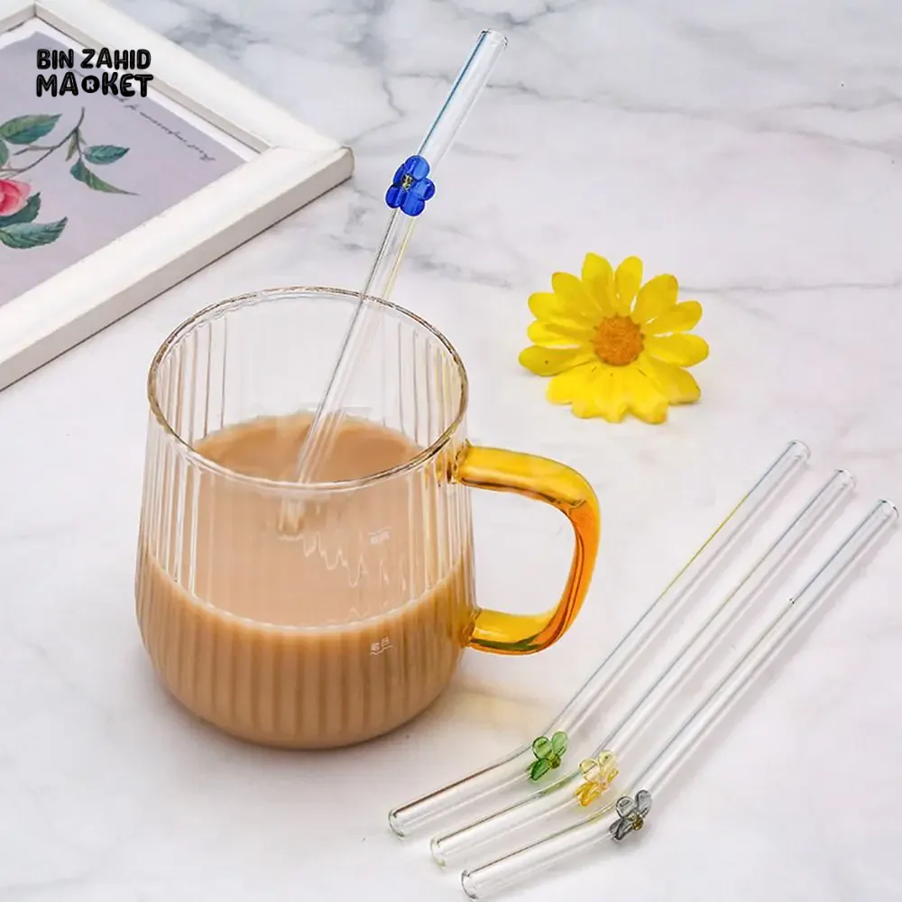 FLOWER GLASS STRAWS 4 PIECES REUSABLE TRANSPARENT STRAIGHT & BEND STRAWS FOR SMOOTHIES & COCKTAILS ECO-FRIENDLY DRINKING STRAW BAR TOOL - Image 15
