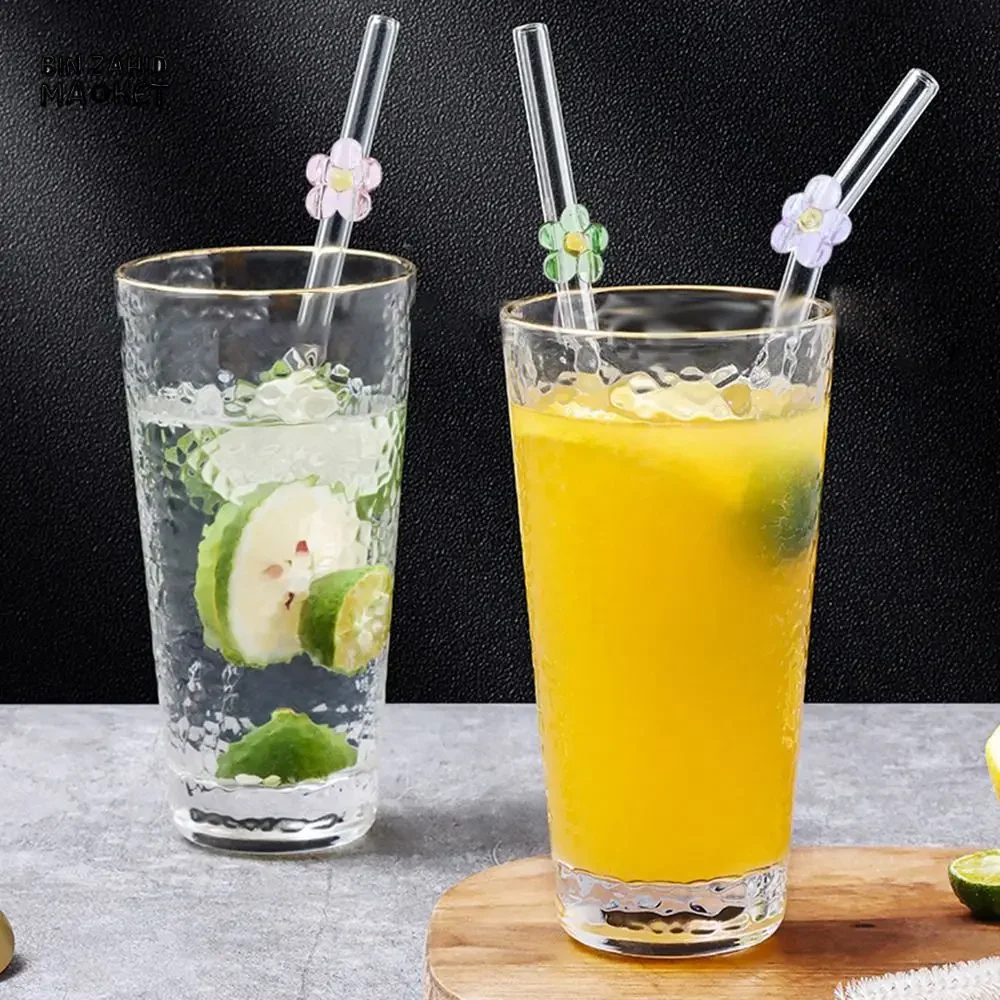 FLOWER GLASS STRAWS 4 PIECES REUSABLE TRANSPARENT STRAIGHT & BEND STRAWS FOR SMOOTHIES & COCKTAILS ECO-FRIENDLY DRINKING STRAW BAR TOOL - Image 2