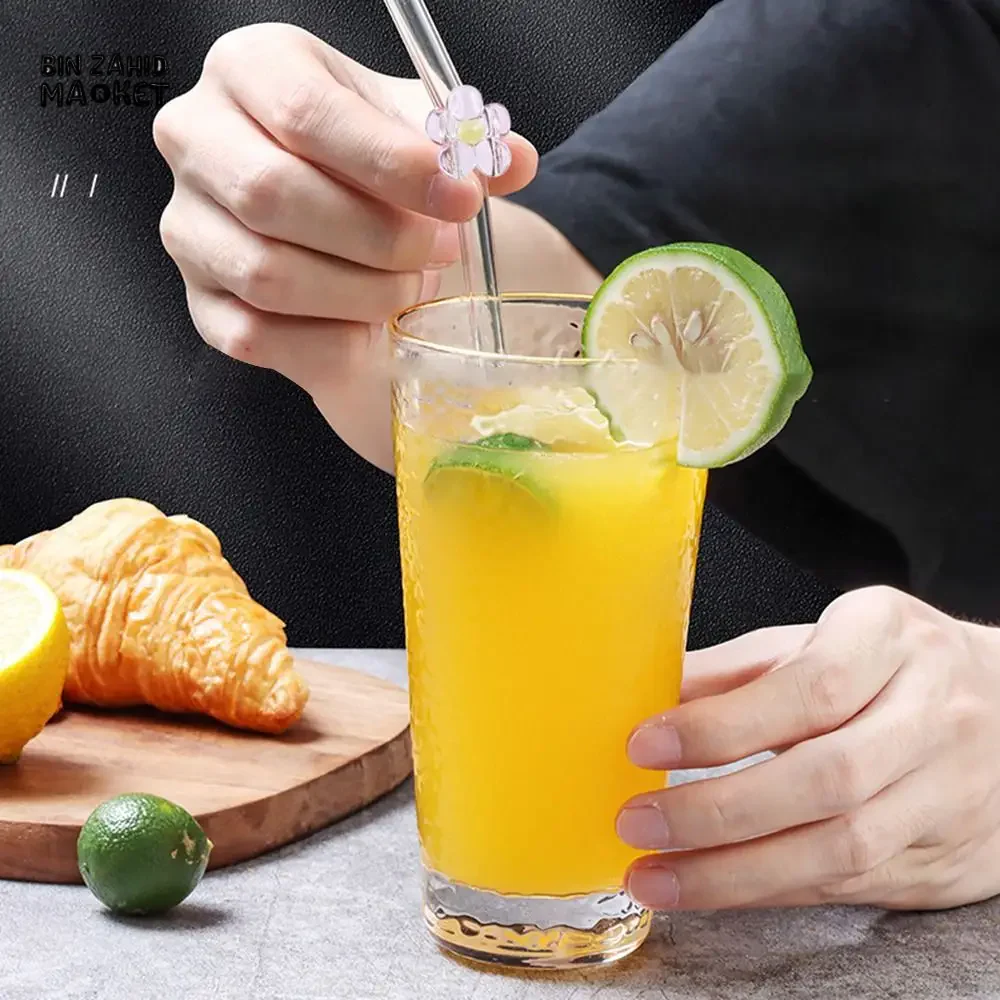 FLOWER GLASS STRAWS 4 PIECES REUSABLE TRANSPARENT STRAIGHT & BEND STRAWS FOR SMOOTHIES & COCKTAILS ECO-FRIENDLY DRINKING STRAW BAR TOOL - Image 3