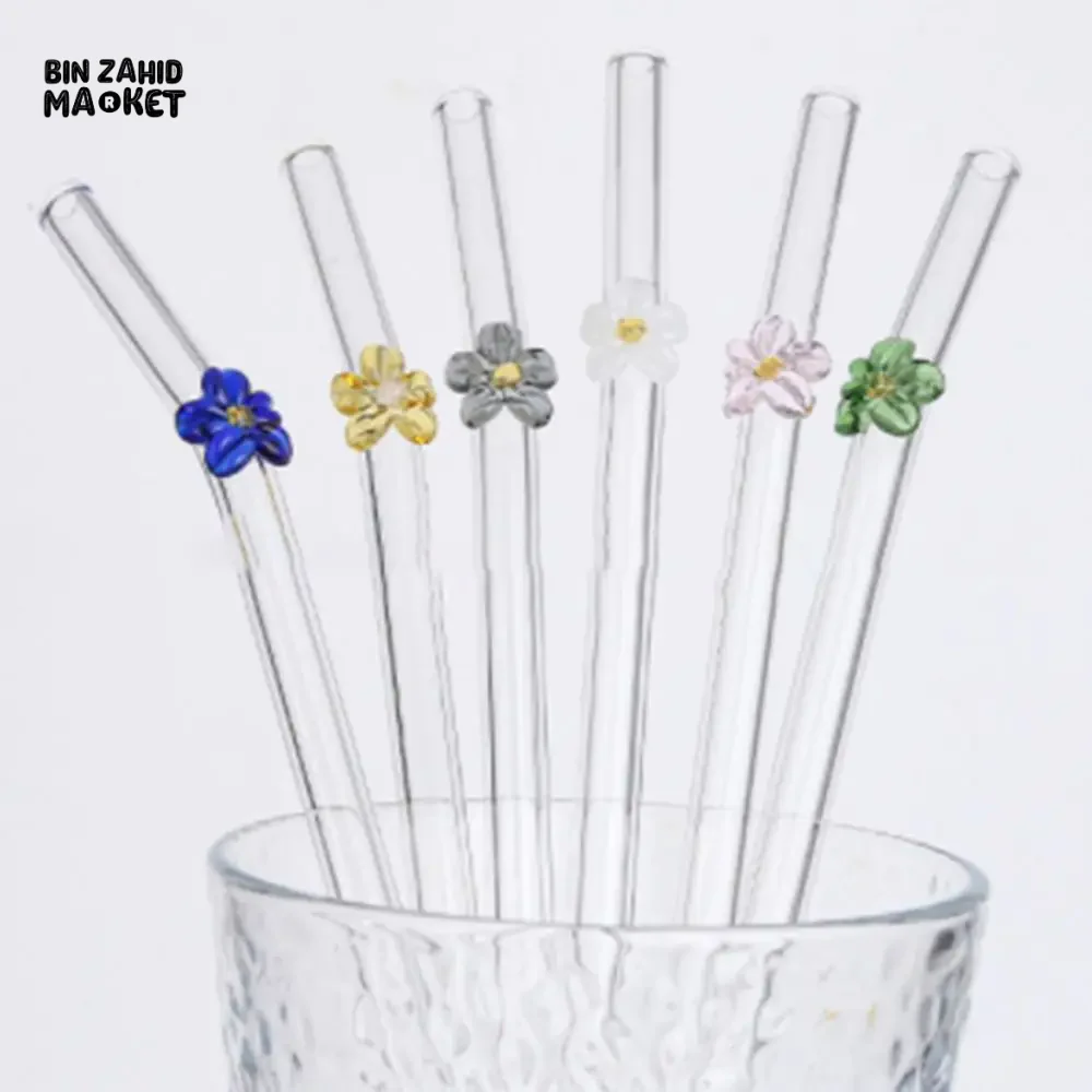 FLOWER GLASS STRAWS 4 PIECES REUSABLE TRANSPARENT STRAIGHT & BEND STRAWS FOR SMOOTHIES & COCKTAILS ECO-FRIENDLY DRINKING STRAW BAR TOOL - Image 4