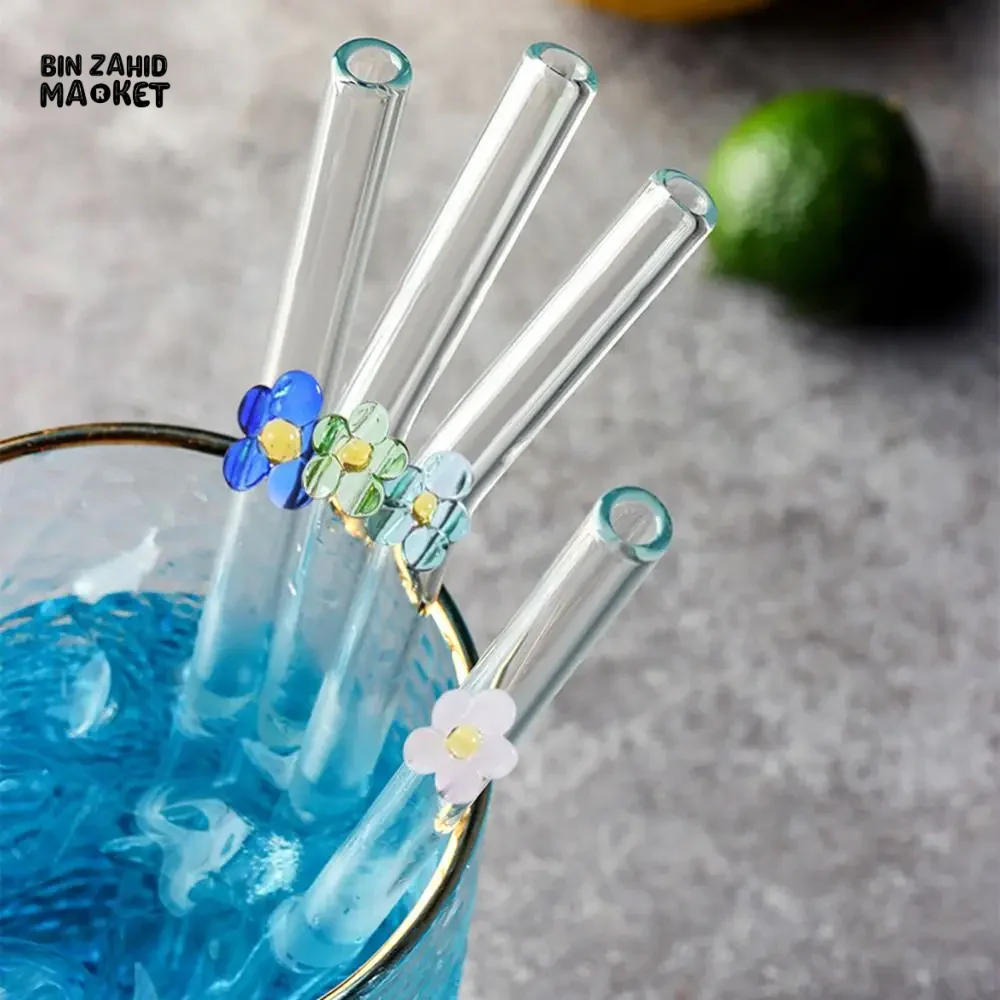 FLOWER GLASS STRAWS 4 PIECES REUSABLE TRANSPARENT STRAIGHT & BEND STRAWS FOR SMOOTHIES & COCKTAILS ECO-FRIENDLY DRINKING STRAW BAR TOOL - Image 5
