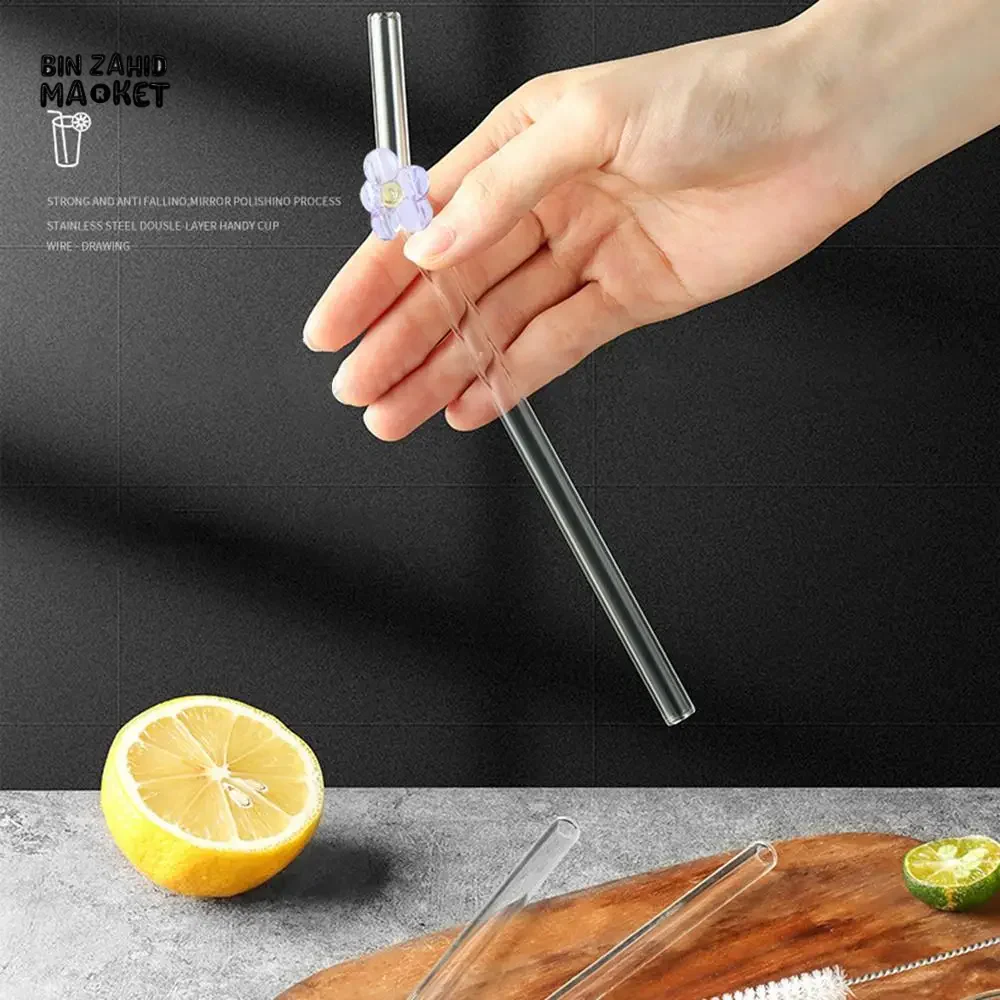 FLOWER GLASS STRAWS 4 PIECES REUSABLE TRANSPARENT STRAIGHT & BEND STRAWS FOR SMOOTHIES & COCKTAILS ECO-FRIENDLY DRINKING STRAW BAR TOOL - Image 6