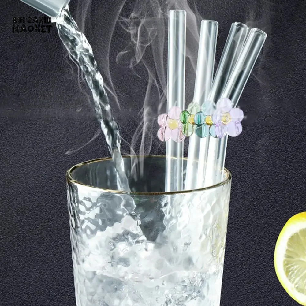 FLOWER GLASS STRAWS 4 PIECES REUSABLE TRANSPARENT STRAIGHT & BEND STRAWS FOR SMOOTHIES & COCKTAILS ECO-FRIENDLY DRINKING STRAW BAR TOOL - Image 7