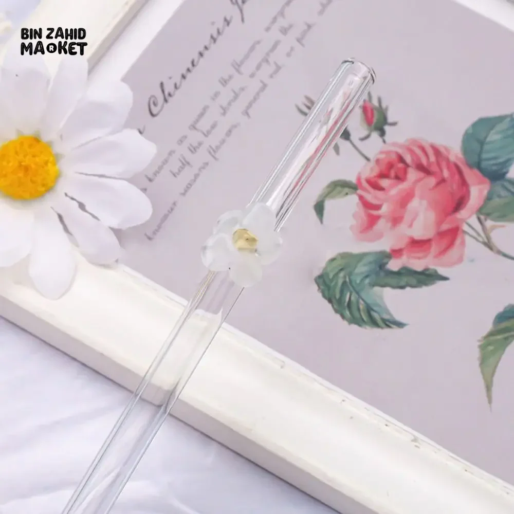 FLOWER GLASS STRAWS 4 PIECES REUSABLE TRANSPARENT STRAIGHT & BEND STRAWS FOR SMOOTHIES & COCKTAILS ECO-FRIENDLY DRINKING STRAW BAR TOOL - Image 8