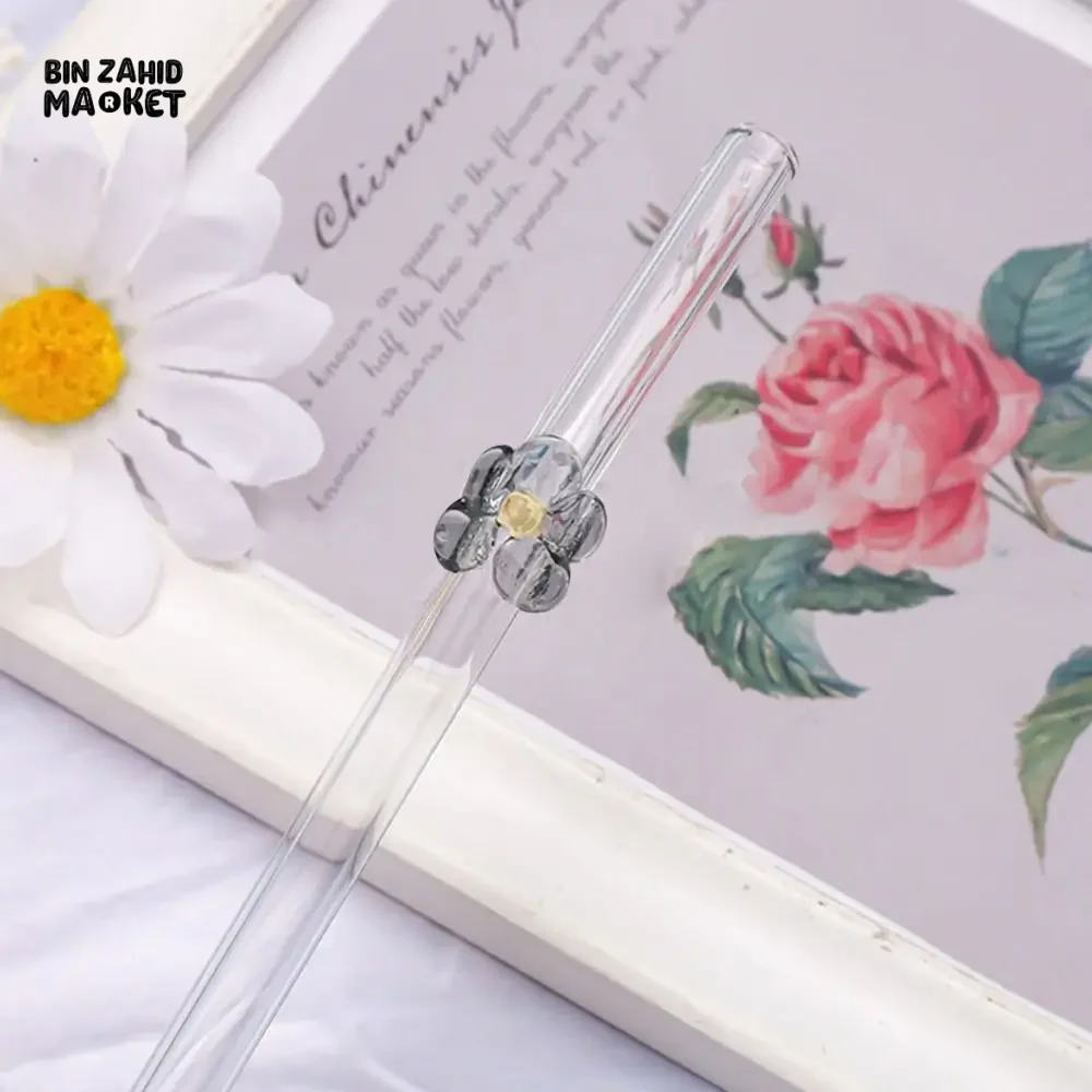 FLOWER GLASS STRAWS 4 PIECES REUSABLE TRANSPARENT STRAIGHT & BEND STRAWS FOR SMOOTHIES & COCKTAILS ECO-FRIENDLY DRINKING STRAW BAR TOOL - Image 9