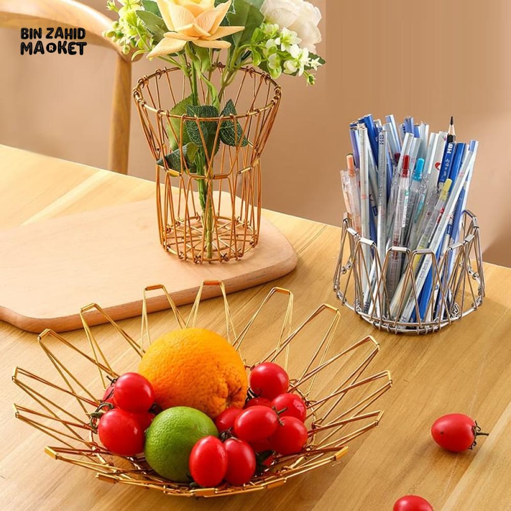 FOLDABLE IRON WIRE FRUIT BOWL – LARGE-CAPACITY SCALABLE DESKTOP STORAGE BASKET HOLLOW DESIGN
