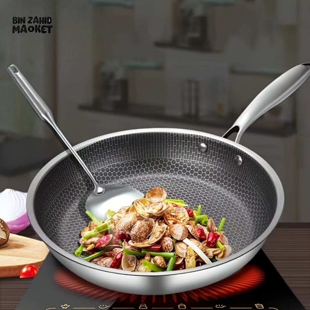 FRYING PAN – NON-COATED STAINLESS STEEL NON-STICK HONEYCOMB PAN MULTIFUNCTIONAL THICKENED POT FOR GAS & INDUCTION COOKER