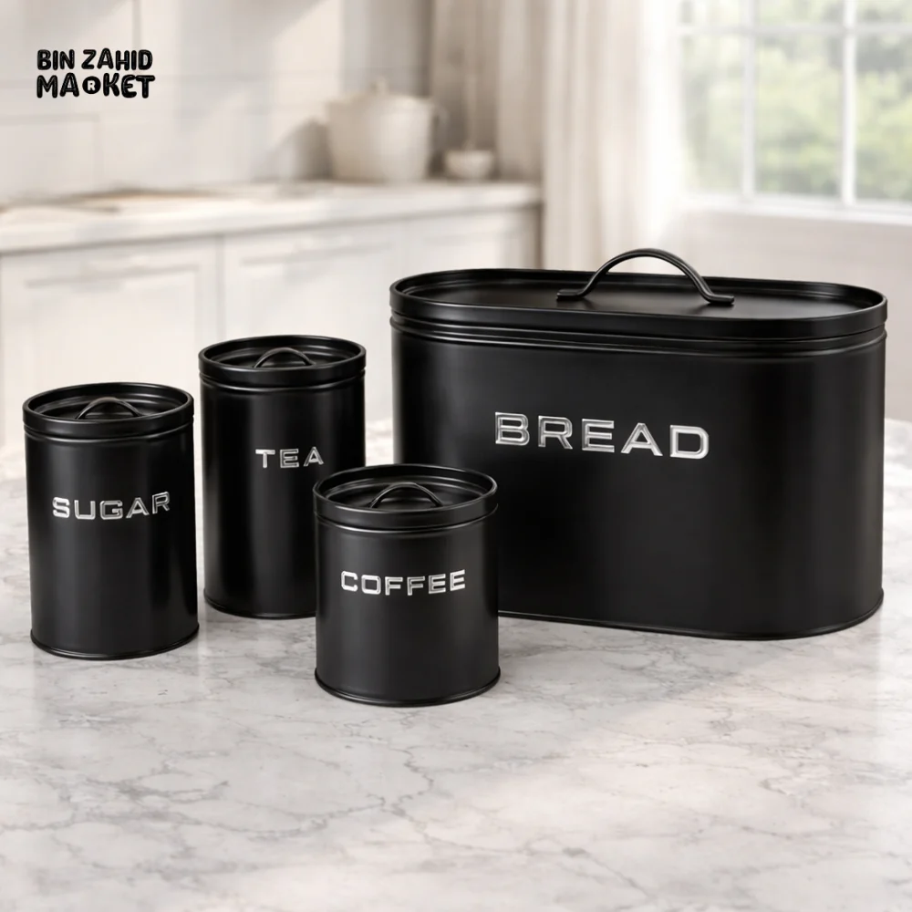 MODERN METAL BREAD BOX STORAGE SET WITH SUGAR TEA & COFFEE CANISTERS – KITCHEN COUNTER ORGANIZER SET - Image 2