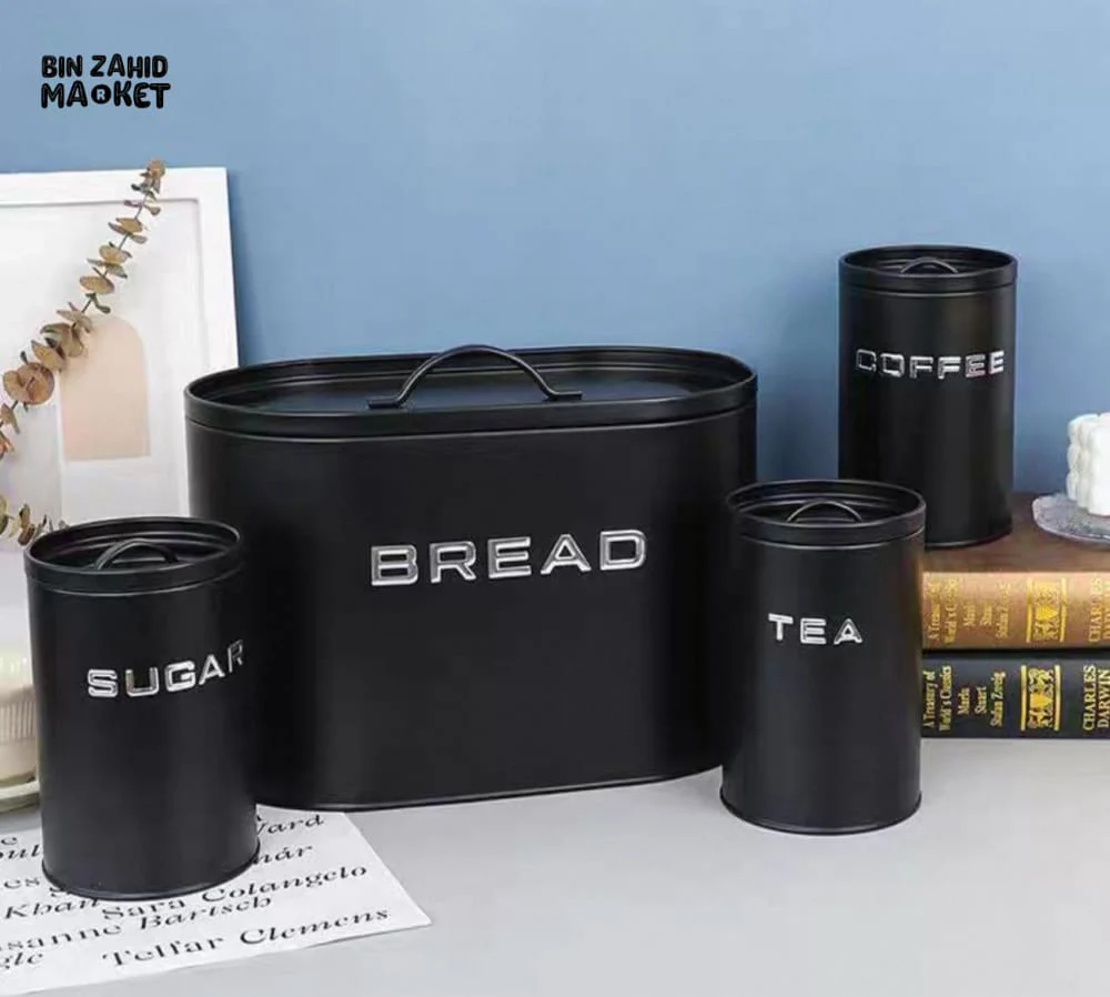 MODERN METAL BREAD BOX STORAGE SET WITH SUGAR TEA & COFFEE CANISTERS – KITCHEN COUNTER ORGANIZER SET - Image 3