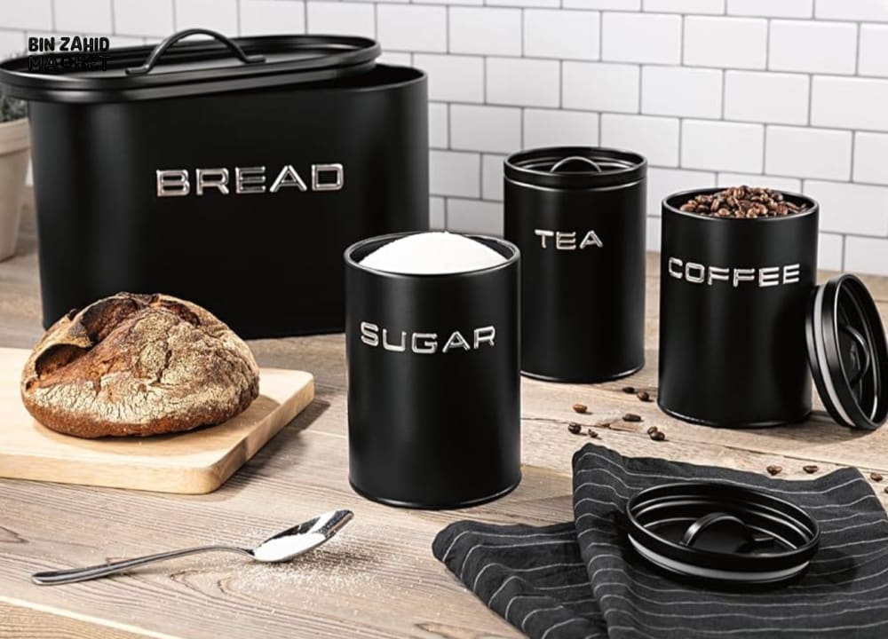 MODERN METAL BREAD BOX STORAGE SET WITH SUGAR TEA & COFFEE CANISTERS – KITCHEN COUNTER ORGANIZER SET - Image 4