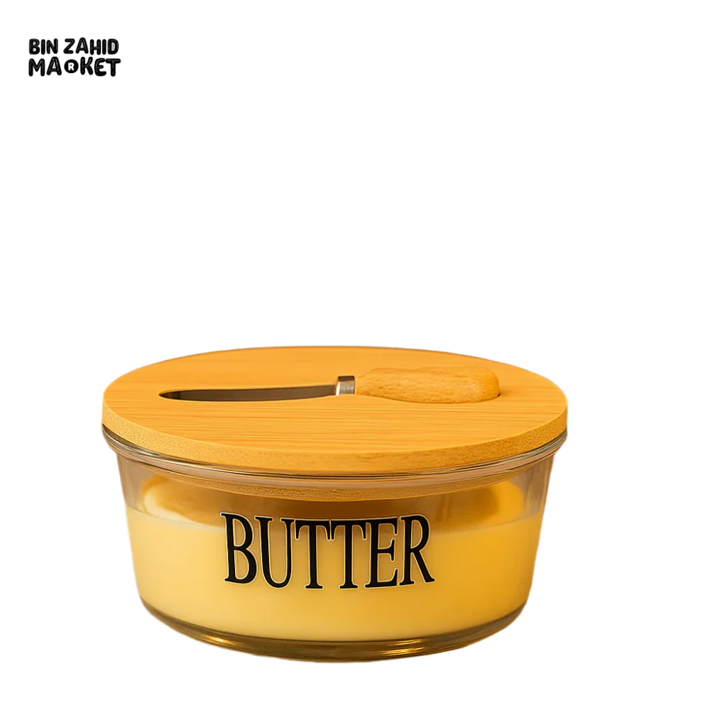GLASS BUTTER DISH WITH BAMBOO LID & KNIFE – ELEGANT STORAGE CONTAINER FOR DINING & KITCHEN USE – ROUND DESIGN - Image 2