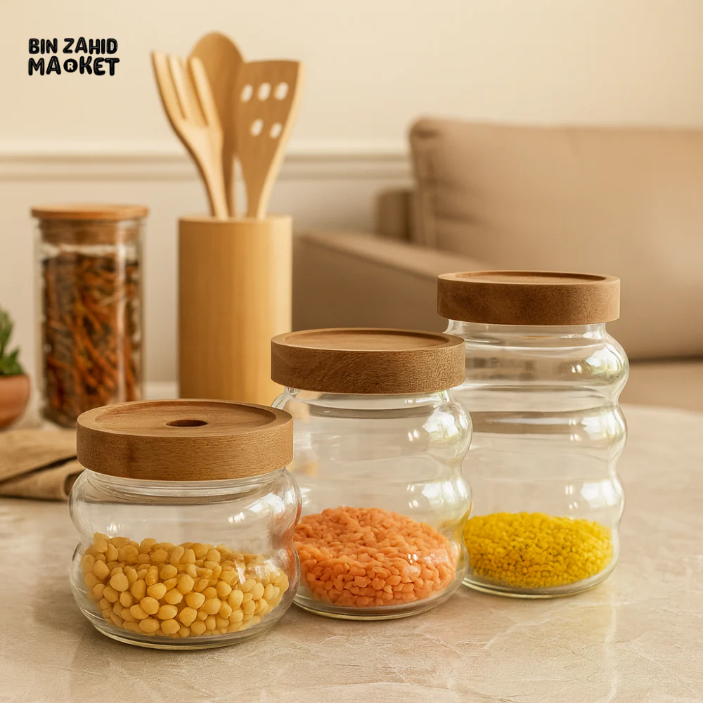 GLASS JAR SET WITH WOODEN LIDS – 1-PIECE AIRTIGHT KITCHEN STORAGE CONTAINERS