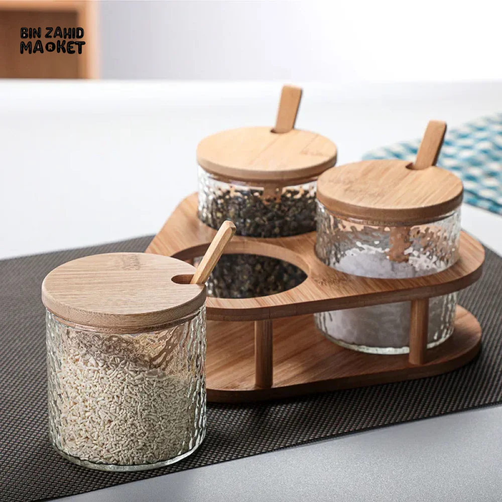 GLASS SPICE JAR SET WITH BAMBOO LIDS 3PCS SALT SUGAR & SPICE CONTAINERS WITH STAND - Image 2