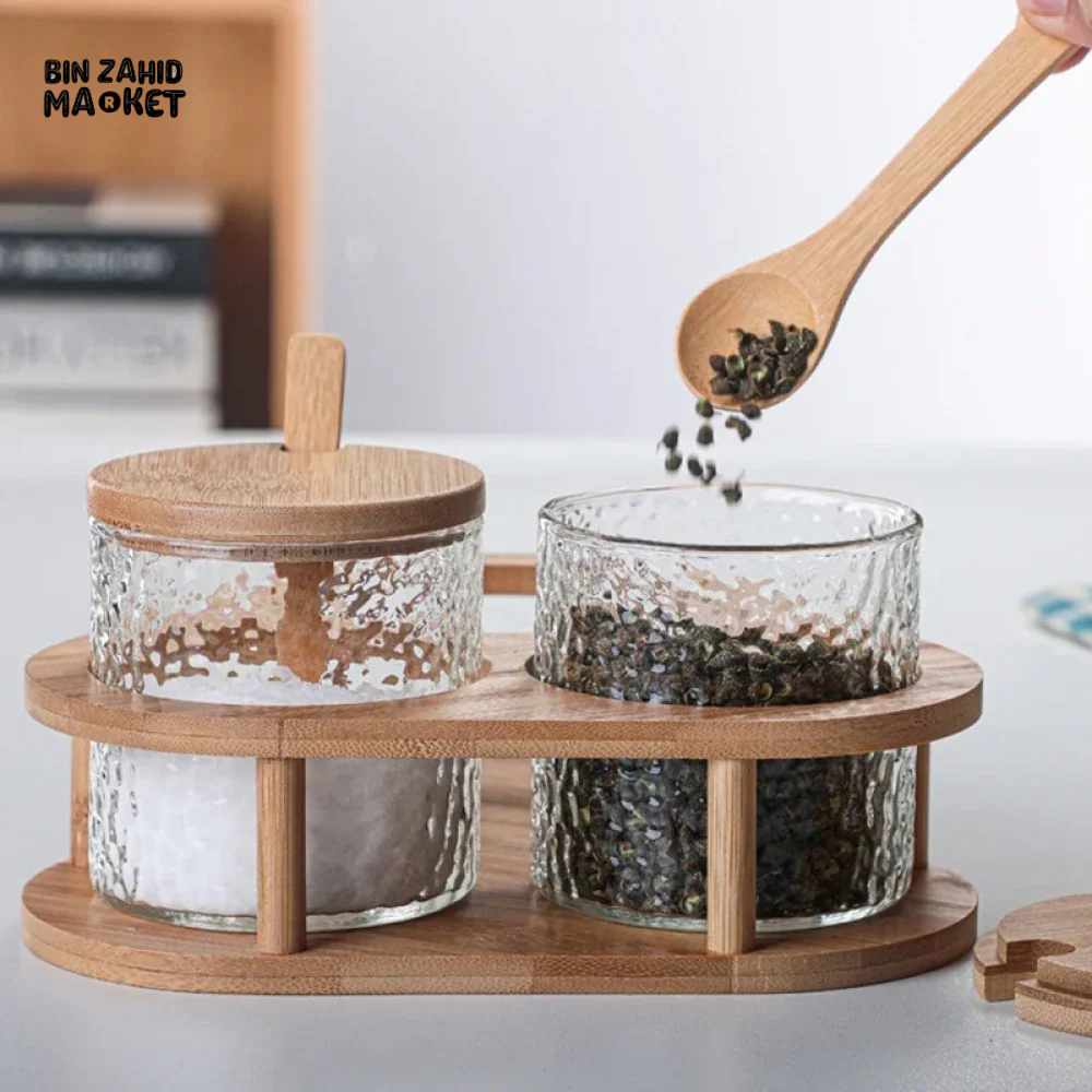 GLASS SPICE JAR SET WITH BAMBOO LIDS 3PCS SALT SUGAR & SPICE CONTAINERS WITH STAND - Image 3
