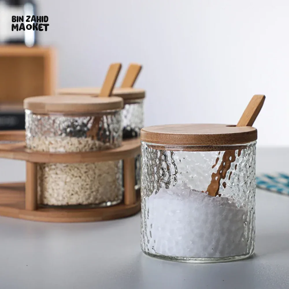 GLASS SPICE JAR SET WITH BAMBOO LIDS 3PCS SALT SUGAR & SPICE CONTAINERS WITH STAND - Image 4