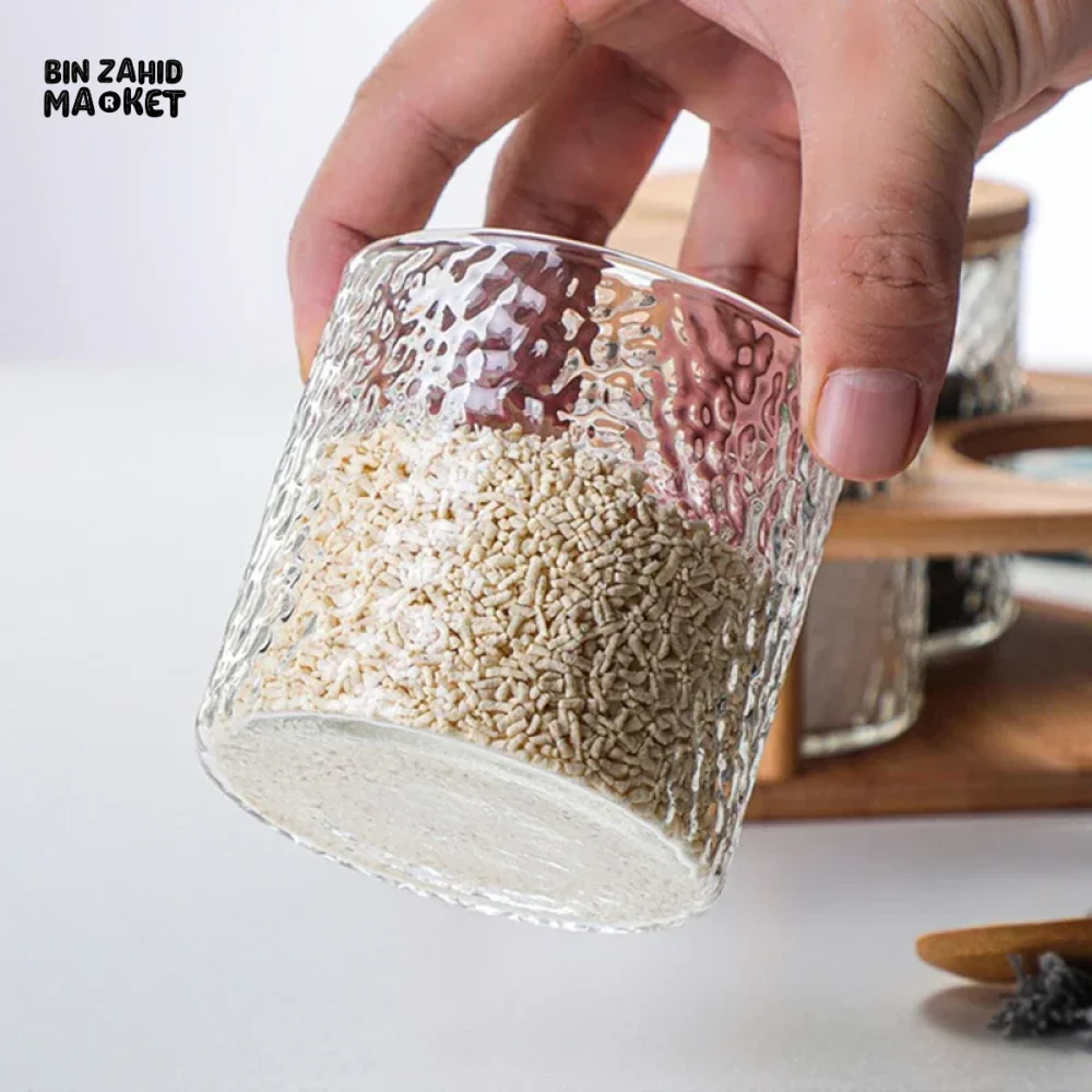 GLASS SPICE JAR SET WITH BAMBOO LIDS 3PCS SALT SUGAR & SPICE CONTAINERS WITH STAND - Image 5
