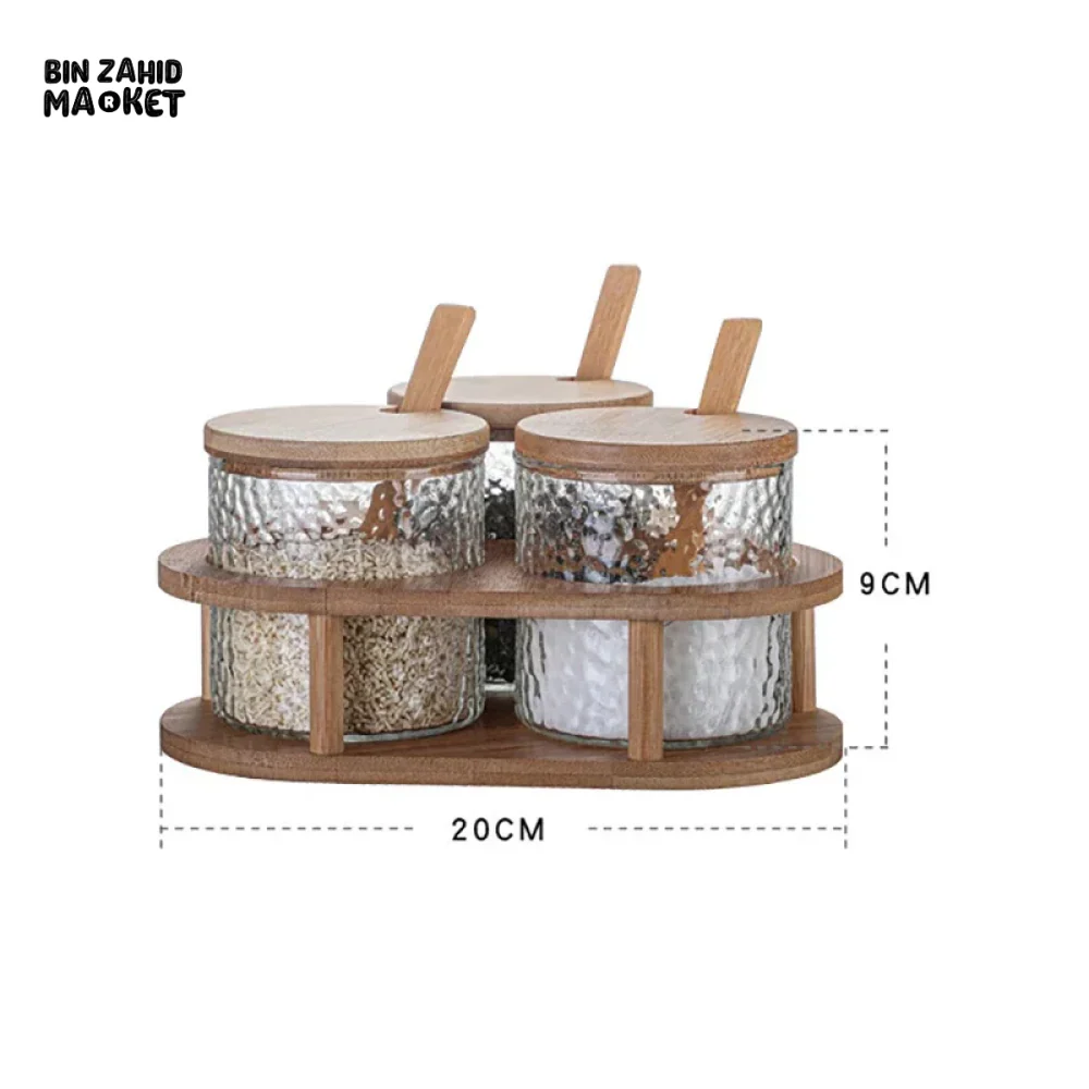GLASS SPICE JAR SET WITH BAMBOO LIDS 3PCS SALT SUGAR & SPICE CONTAINERS WITH STAND - Image 6