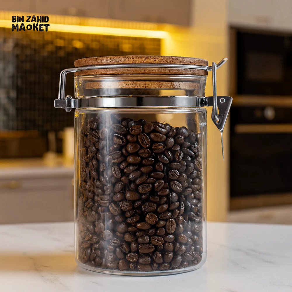 GLASS STORAGE JAR WITH WOODEN LID & METAL CLASP LX-032