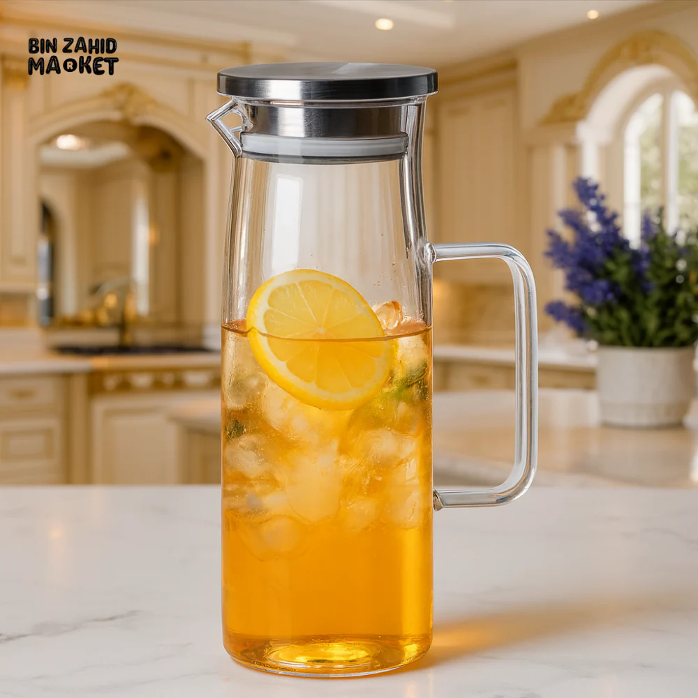 GLASS WATER JUG WITH LID – LUXURY VILLA KITCHEN ICED TEA PITCHER - 1.2LITRE BG45137