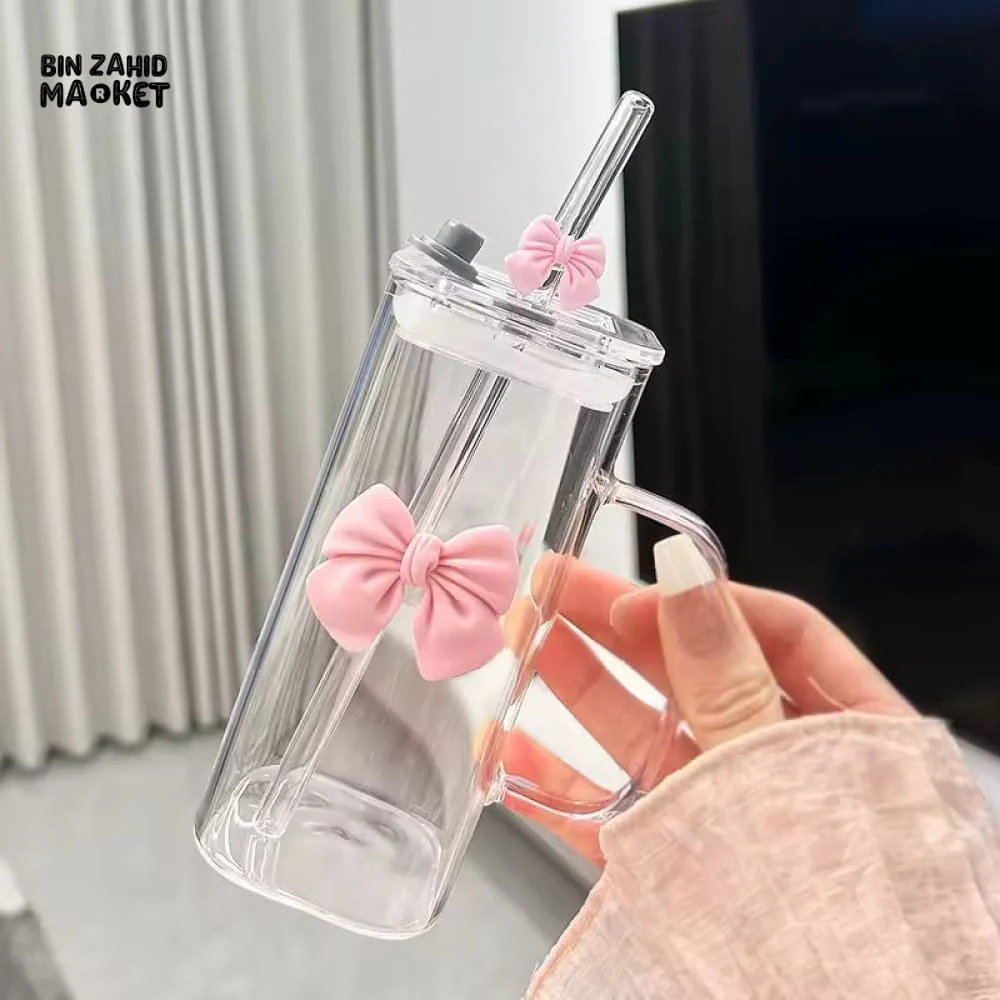 GLASSIUM BOW TUMBLER MUG WITH STRAW - 400ML