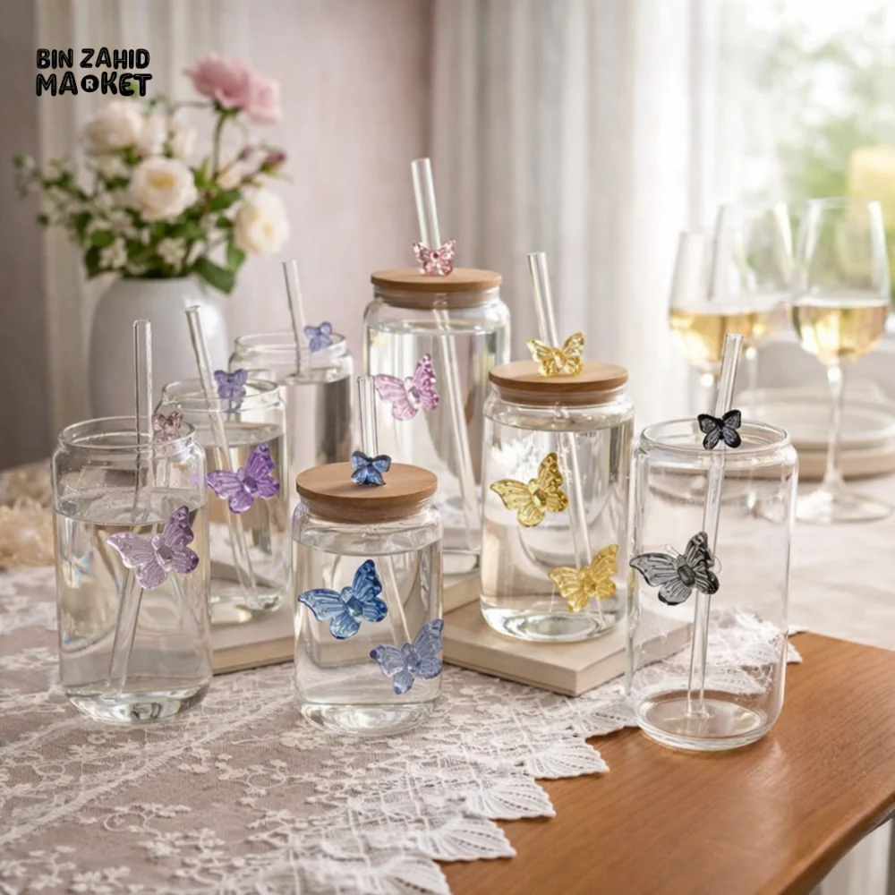 GLASSIUM DRINKING JAR WITH BAMBOO LID & STRAW - TWINS BUTTERYFLY - Image 2