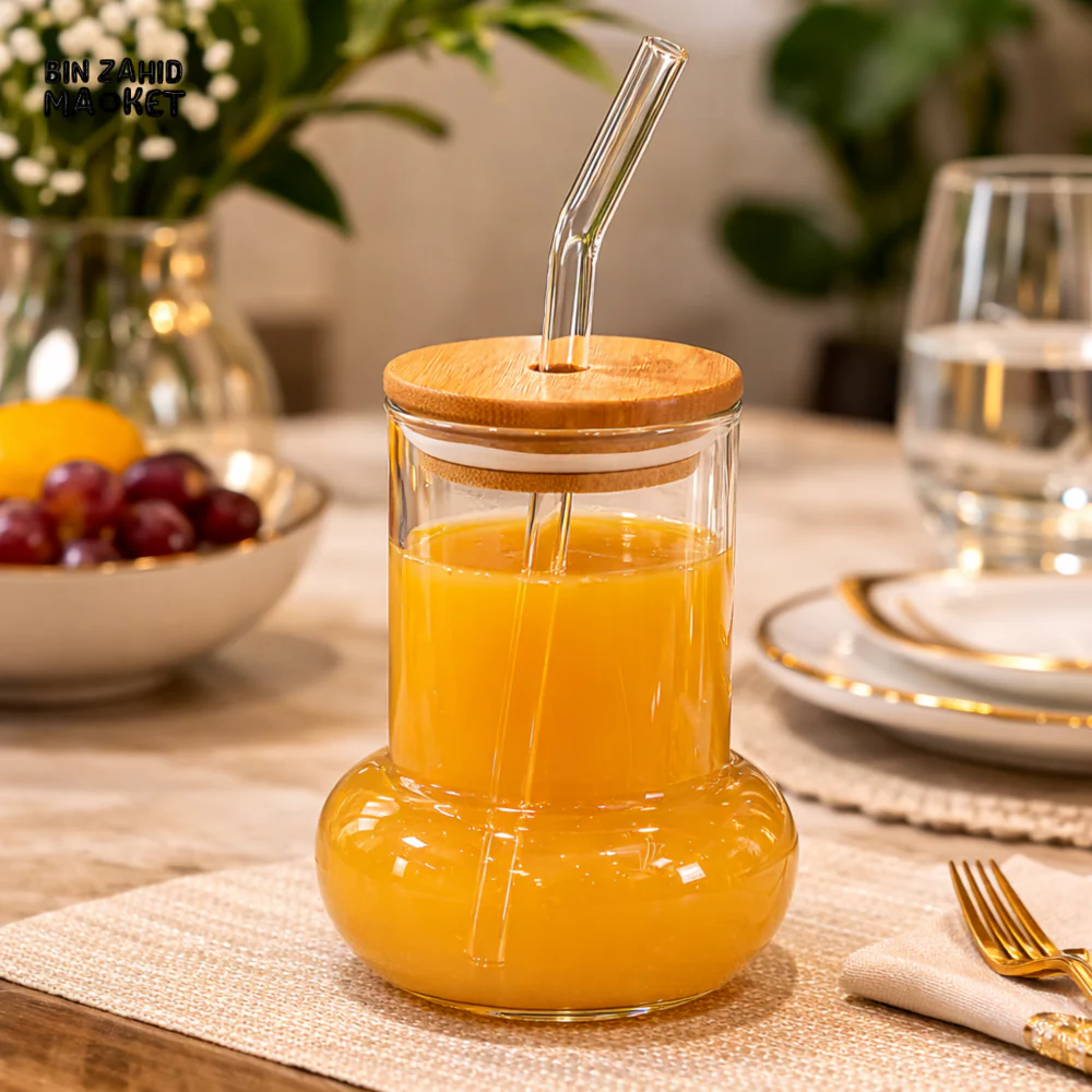 GLASSIUM GLASS JUICE CUP WITH BAMBOO LID & STRAW - BUBBLE BASE
