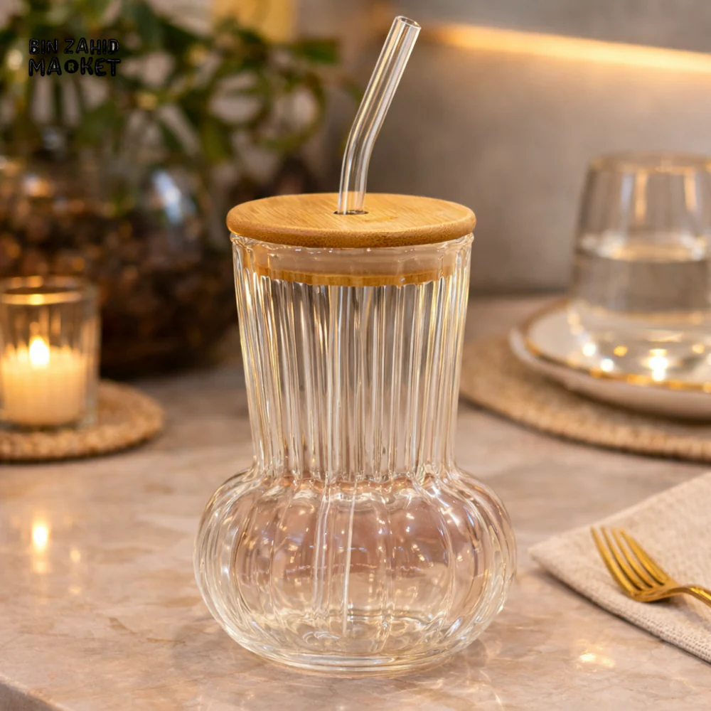 GLASSIUM GLASS JUICE CUP WITH BAMBOO LID & STRAW - RIBBED BUBBLE - Image 2