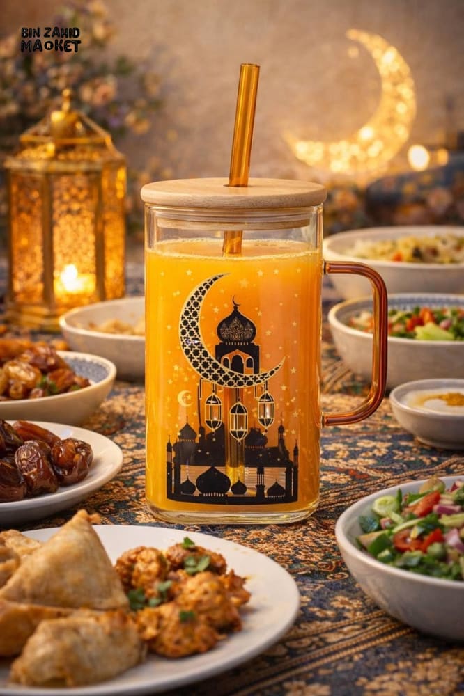 GLASSIUM LUXURY IFTAR TABLE GLASS MUG WITH STRAW - 400ML - Image 3