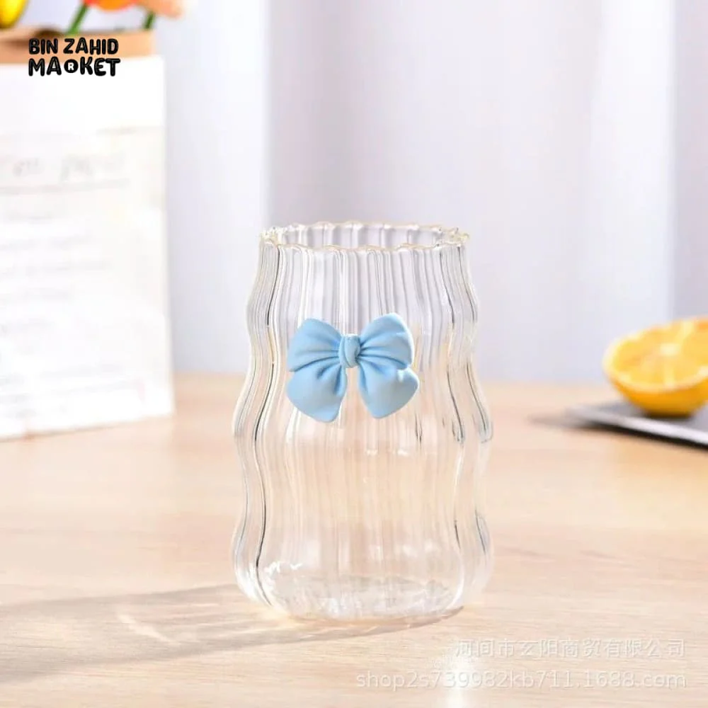 GLASSLUX AESTHETIC CLEAR GLASS CUP WITH BOW – ELEGANT DRINKWARE FOR HOME & CAFE USE