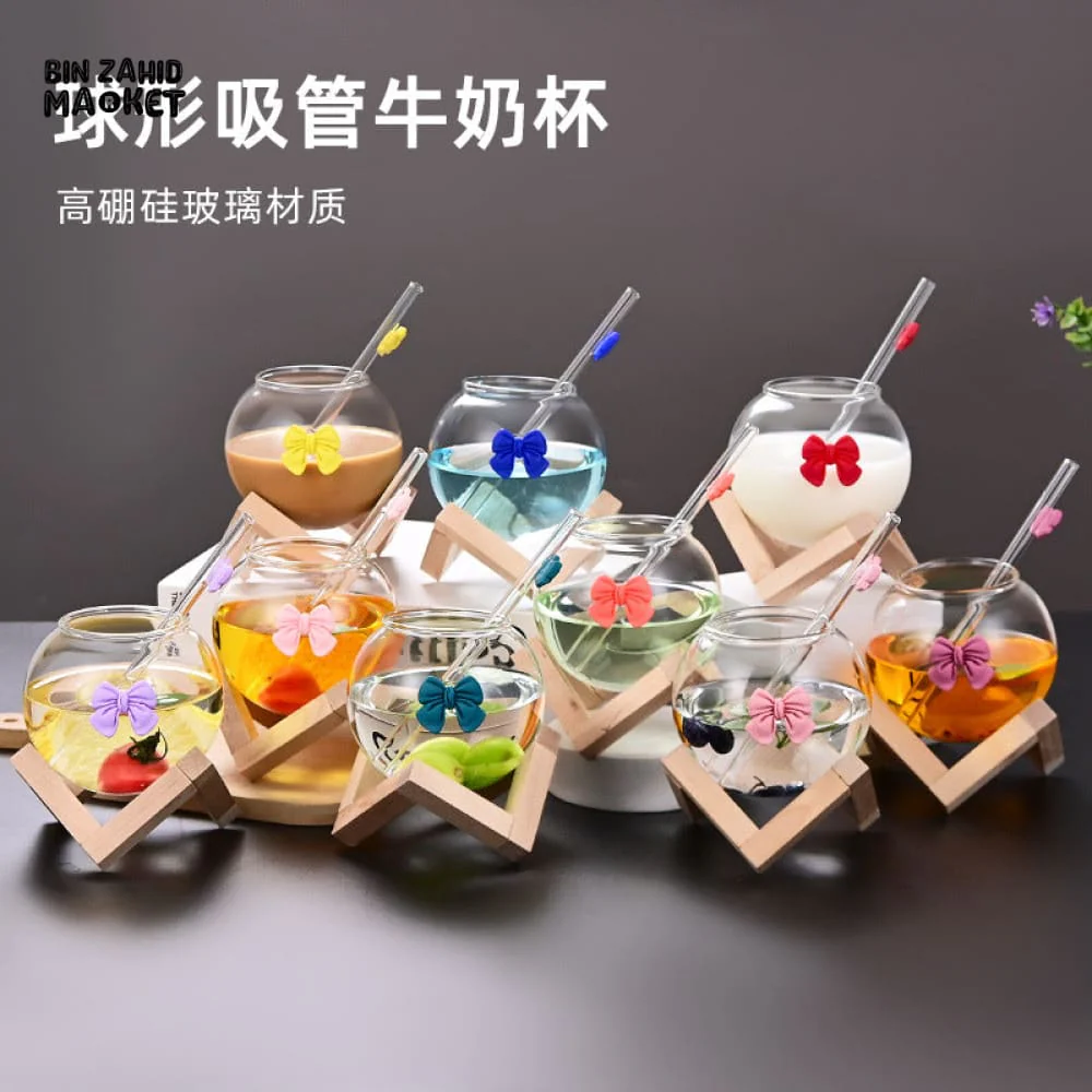 GLASSLUX BOW MUG WITH STRAW MUG ALONG BAMBOO BASE STAND - Image 5
