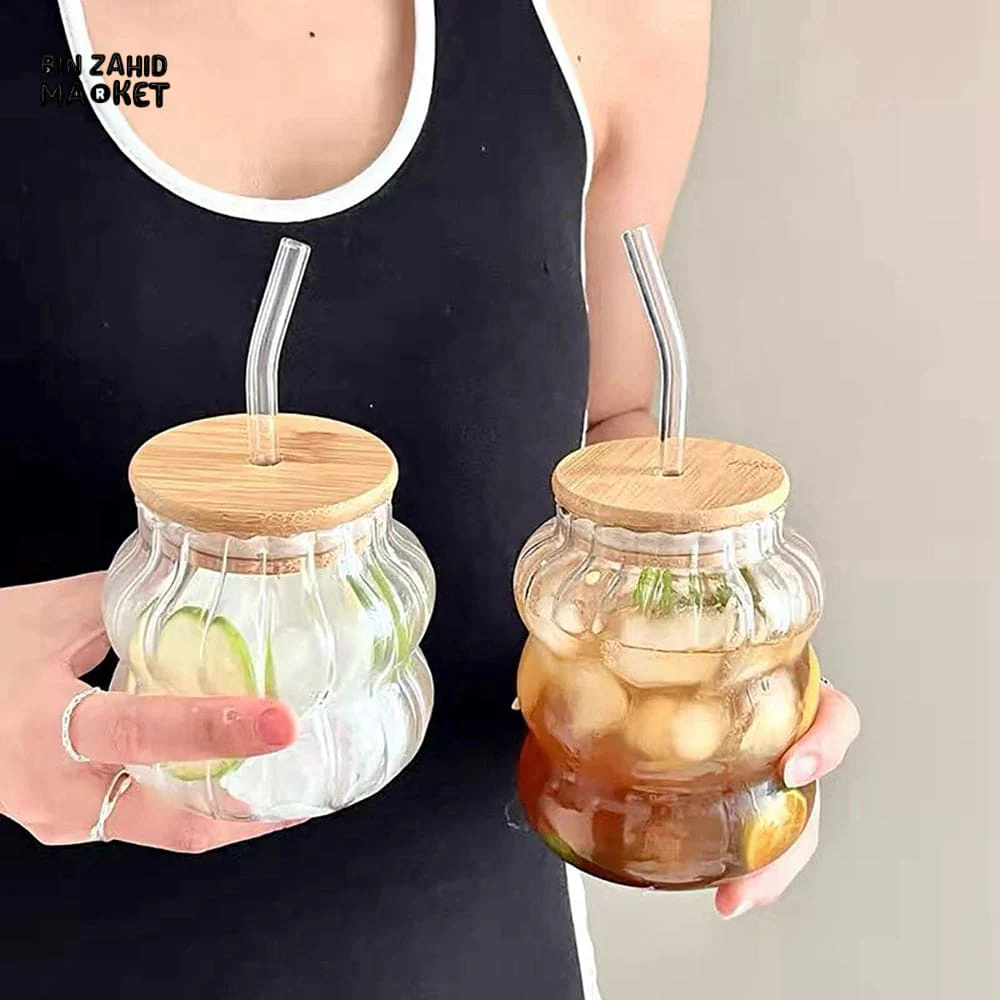 GLASSLUX REUSABLE GLASS CUP SET 350ML – BAMBOO LID GLASS STRAW FOR COLD DRINKS - Image 2