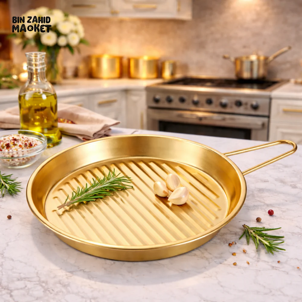 GOLD FINISH ROUND GRILL PAN WITH HANDLES – MODERN KITCHEN COOKWARE ESSENTIAL - Image 2