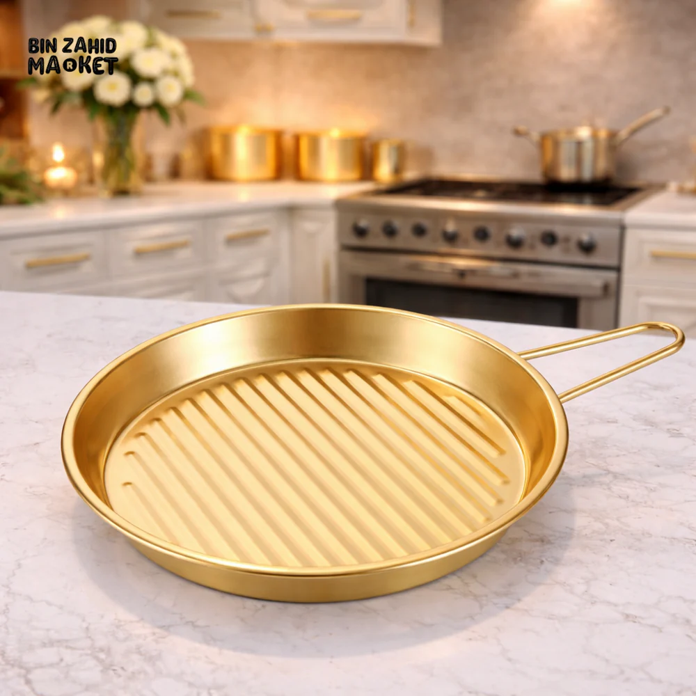 GOLD FINISH ROUND GRILL PAN WITH HANDLES – MODERN KITCHEN COOKWARE ESSENTIAL - Image 3