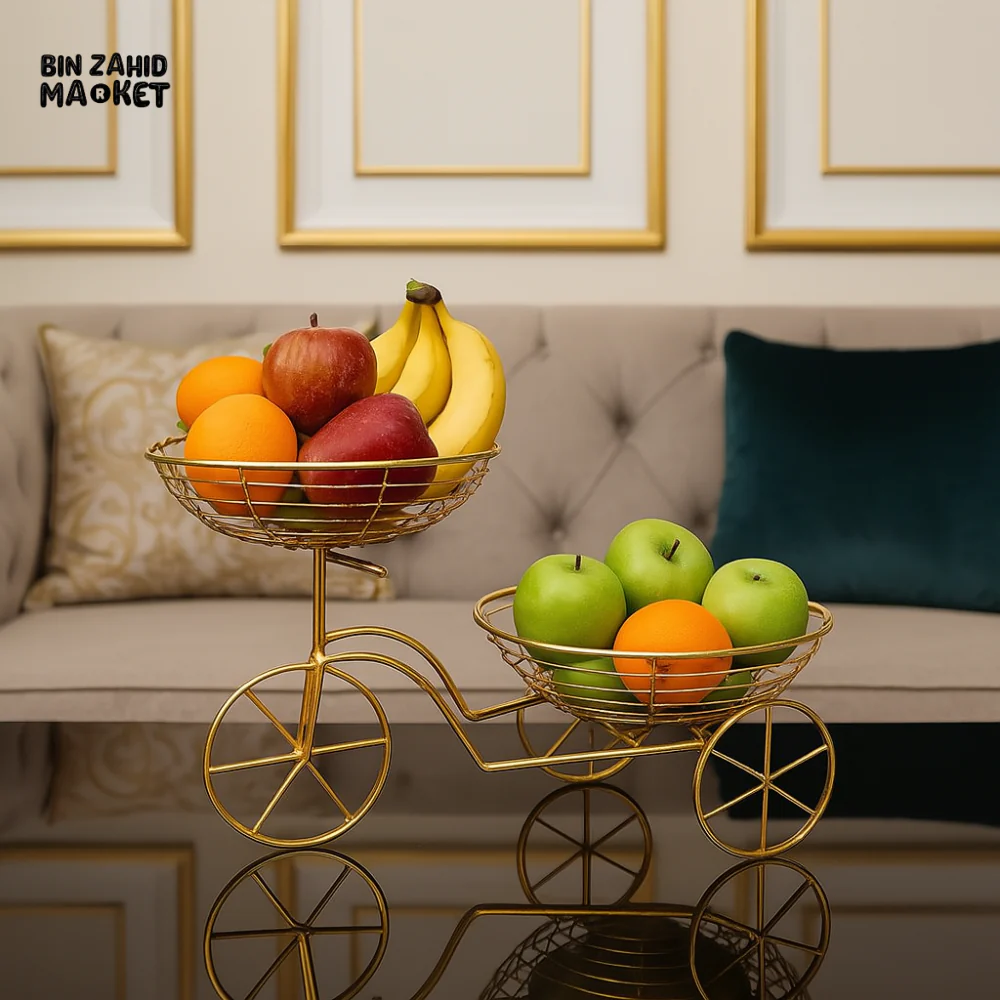 GOLD METAL TRICYCLE FRUIT BASKET DECOR – LUXURY TABLETOP CENTERPIECE WITH FRUITS