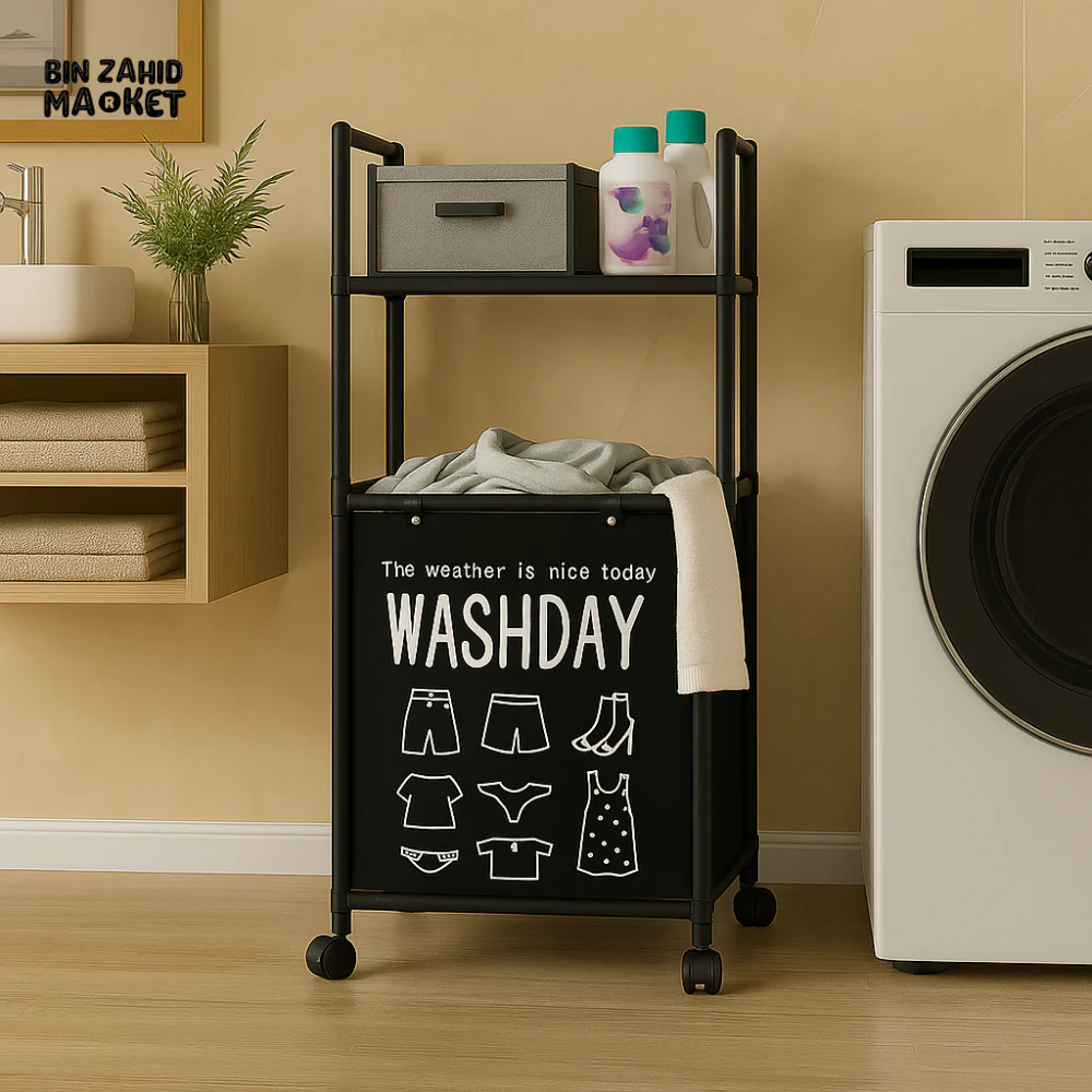 MULTIFUNCTIONAL 2-TIER LAUNDRY CART WITH WHEELS – WASHDAY CLOTHES ORGANIZER & STORAGE BASKET FOR BATHROOM OR LAUNDRY ROOM - Image 2