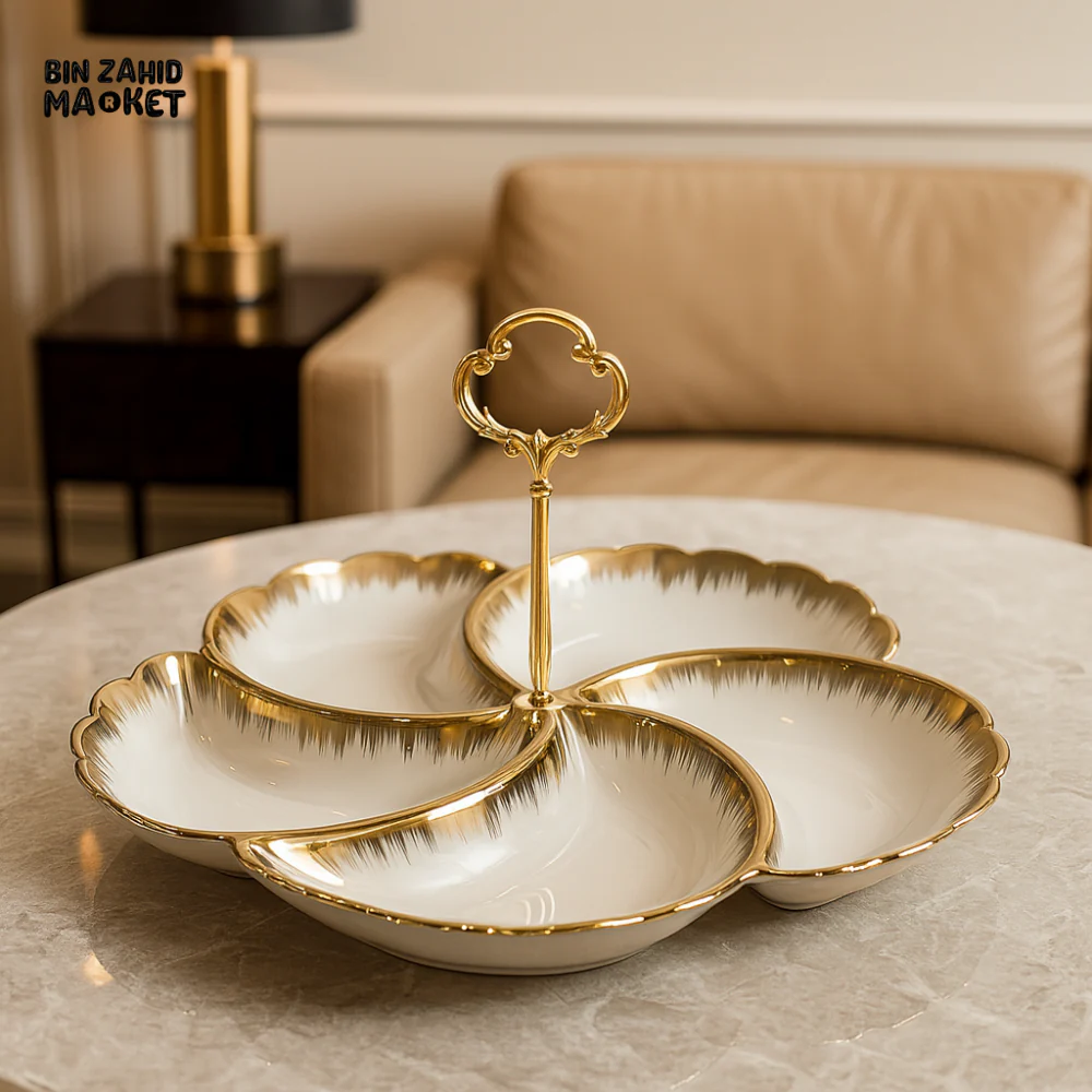 GOLDEN 5-COMPARTMENT PORCELAIN SERVING TRAY WITH HANDLE – LUXURY PETAL DISH FOR SNACKS & DRY FRUITS
