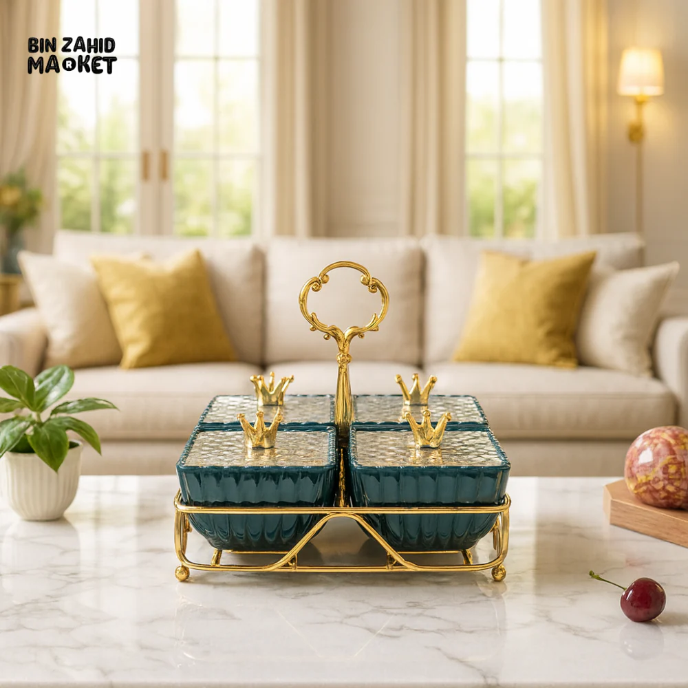 GOLDEN CROWN CERAMIC SERVING SET – 4 PIECE ELEGANT STORAGE CONTAINERS WITH METAL TRAY ZQ-027G