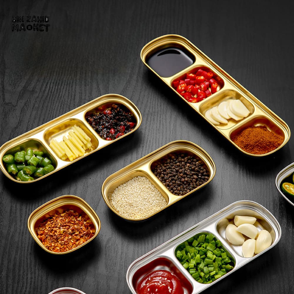 GOLDEN 3-PARTITION STAINLESS STEEL DIP BOWLS – LUXURY SAUCE PLATE & SEASONING TRAY FOR BBQ VINEGAR SPICES KETCHUP SALT & SUGAR FLAVOR
