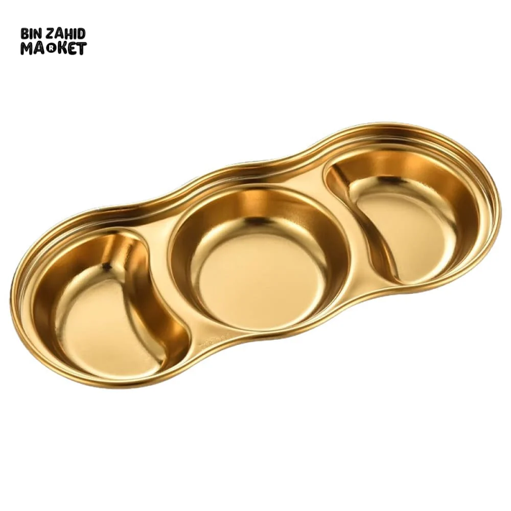 GOLDEN 3-PARTITION STAINLESS STEEL DIP BOWLS – LUXURY SAUCE PLATE & SEASONING TRAY FOR BBQ VINEGAR SPICES KETCHUP SALT & SUGAR FLAVOR - Image 10