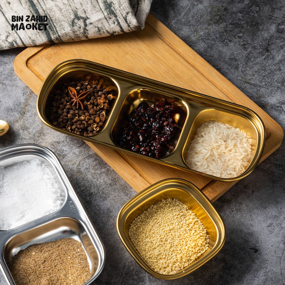 GOLDEN 3-PARTITION STAINLESS STEEL DIP BOWLS – LUXURY SAUCE PLATE & SEASONING TRAY FOR BBQ VINEGAR SPICES KETCHUP SALT & SUGAR FLAVOR - Image 2
