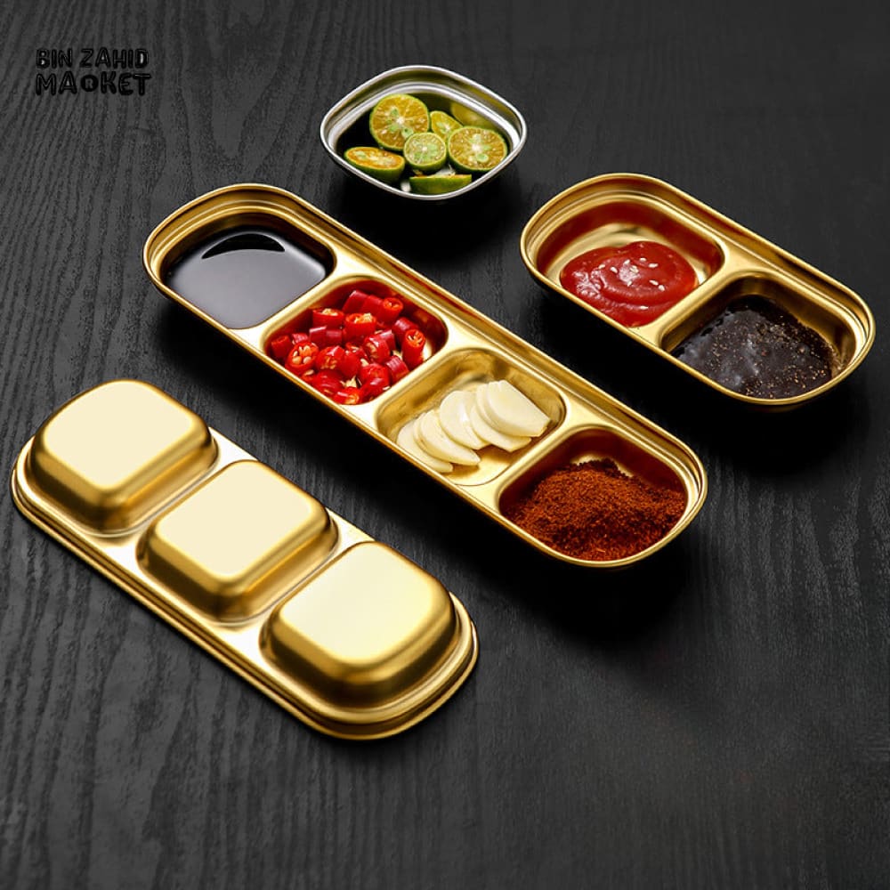 GOLDEN 3-PARTITION STAINLESS STEEL DIP BOWLS – LUXURY SAUCE PLATE & SEASONING TRAY FOR BBQ VINEGAR SPICES KETCHUP SALT & SUGAR FLAVOR - Image 3
