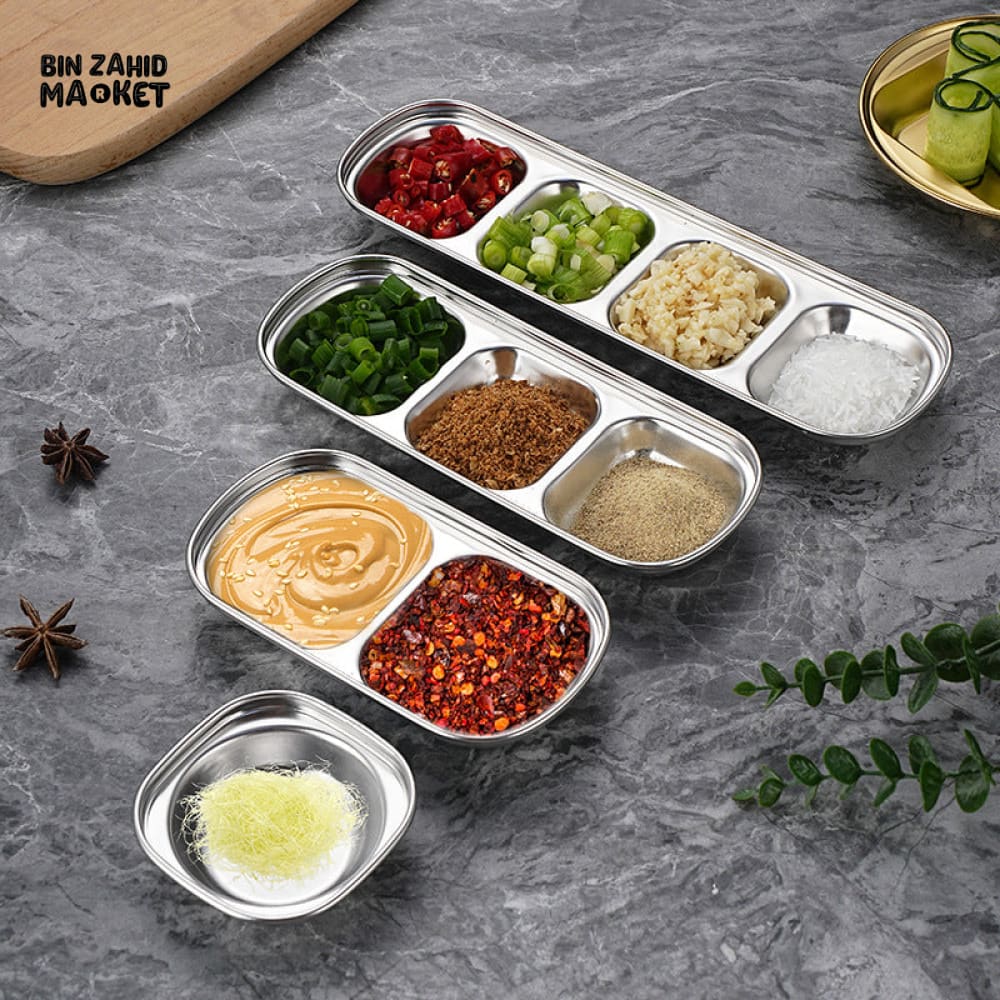 GOLDEN 3-PARTITION STAINLESS STEEL DIP BOWLS – LUXURY SAUCE PLATE & SEASONING TRAY FOR BBQ VINEGAR SPICES KETCHUP SALT & SUGAR FLAVOR - Image 4