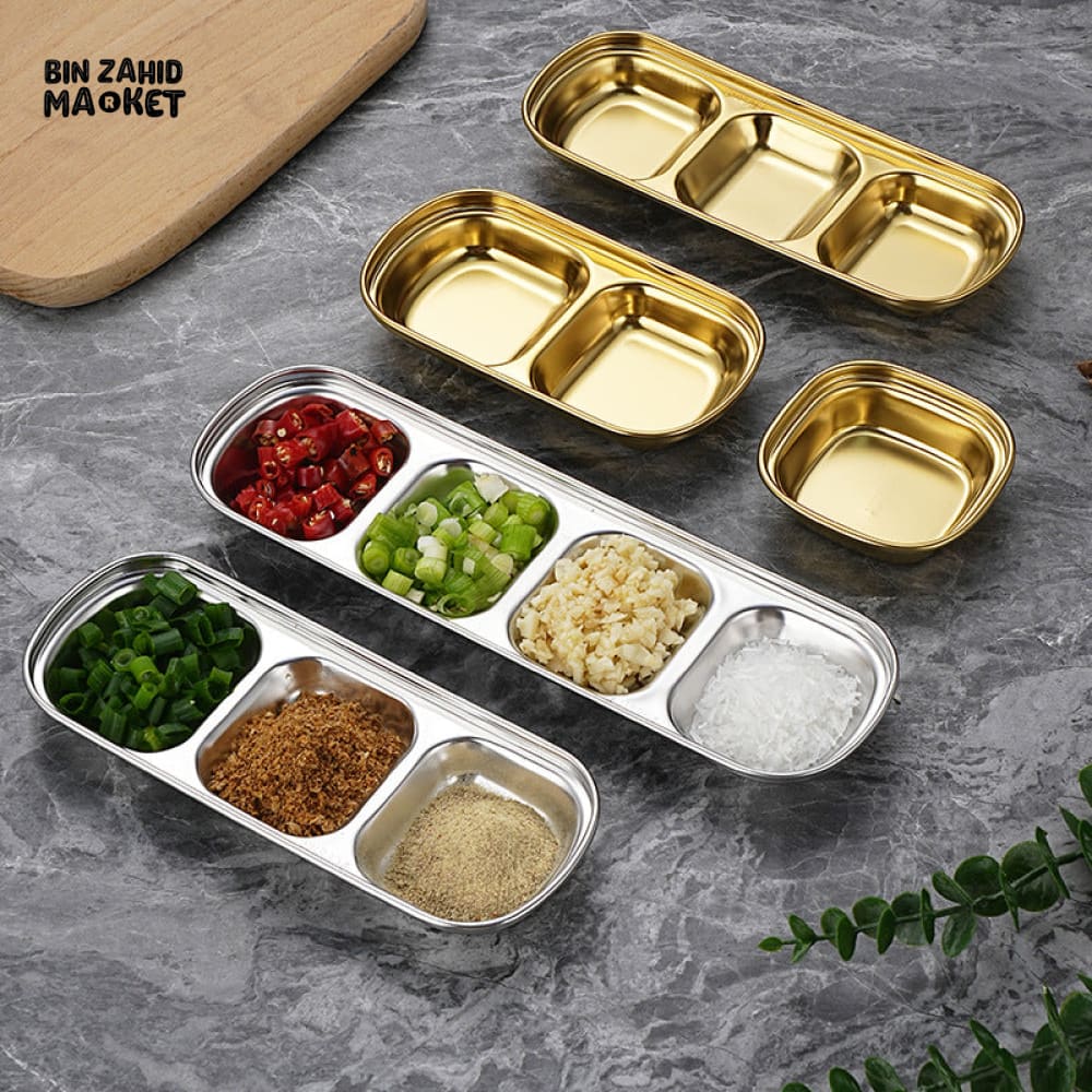 GOLDEN 3-PARTITION STAINLESS STEEL DIP BOWLS – LUXURY SAUCE PLATE & SEASONING TRAY FOR BBQ VINEGAR SPICES KETCHUP SALT & SUGAR FLAVOR - Image 5