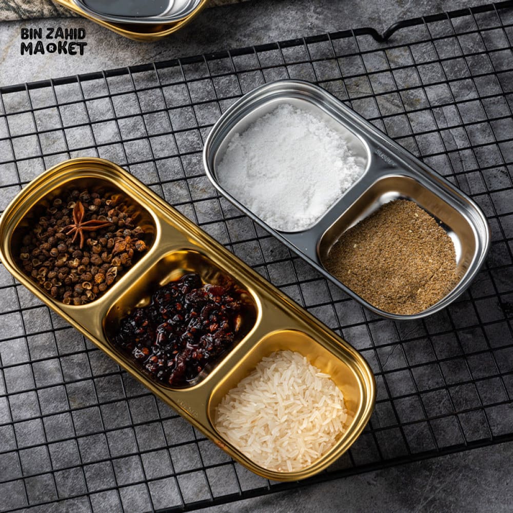 GOLDEN 3-PARTITION STAINLESS STEEL DIP BOWLS – LUXURY SAUCE PLATE & SEASONING TRAY FOR BBQ VINEGAR SPICES KETCHUP SALT & SUGAR FLAVOR - Image 6