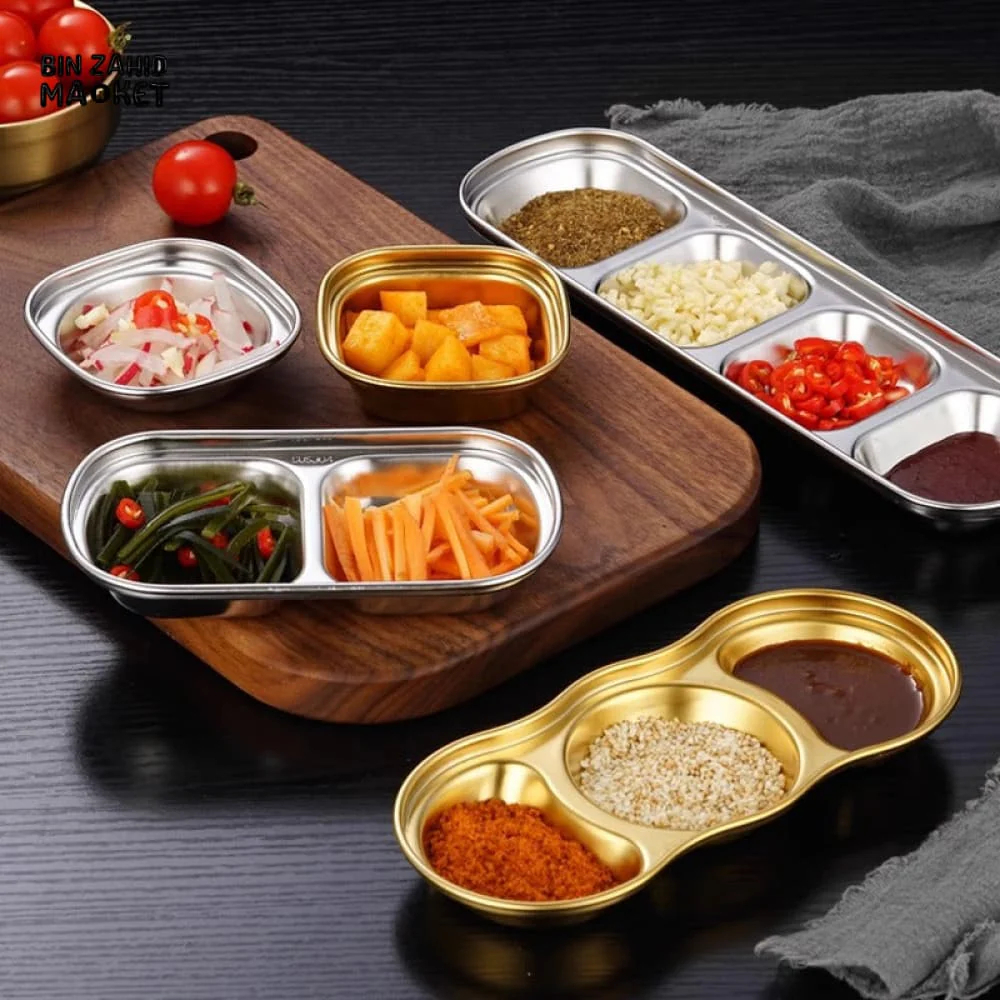 GOLDEN 3-PARTITION STAINLESS STEEL DIP BOWLS – LUXURY SAUCE PLATE & SEASONING TRAY FOR BBQ VINEGAR SPICES KETCHUP SALT & SUGAR FLAVOR - Image 8